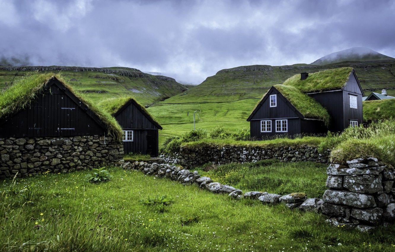 1332x850 Wallpaper the sky, clouds, hills, houses, Faroe Islands
