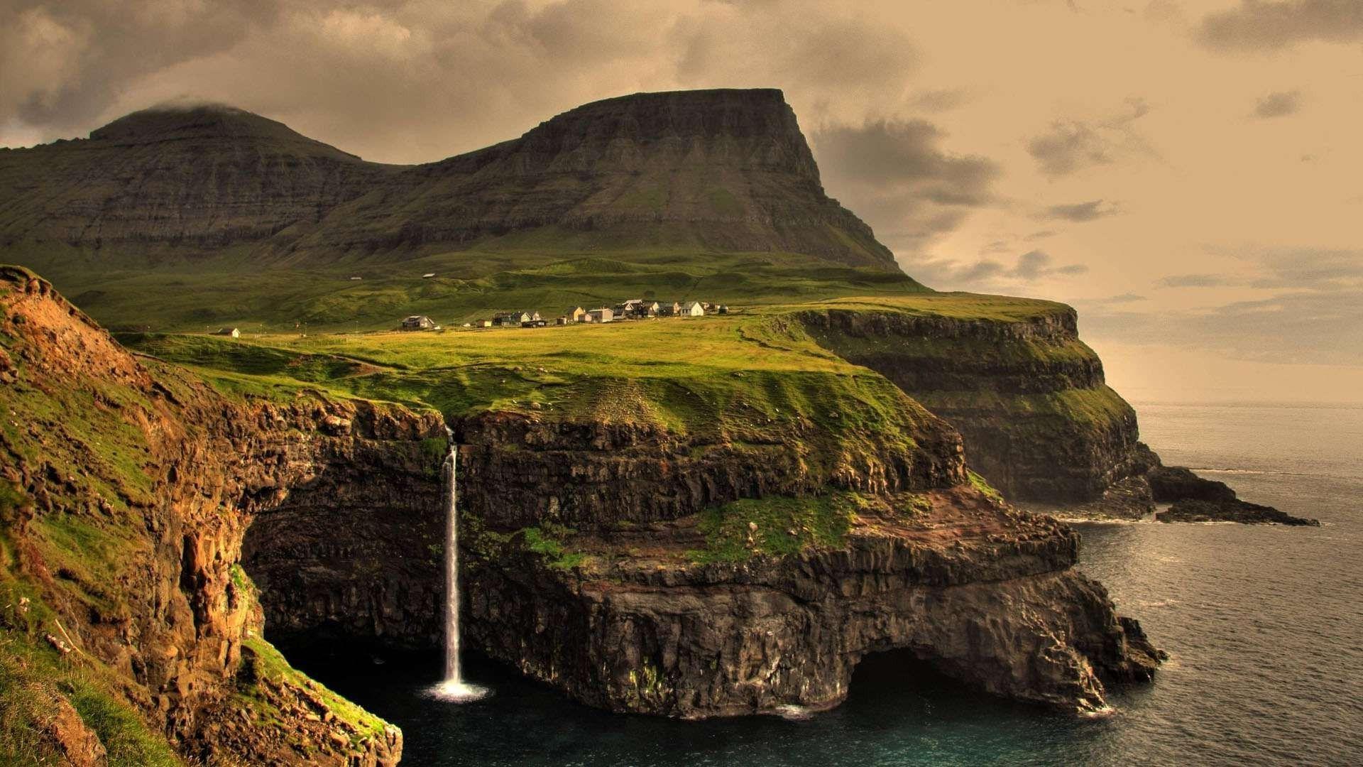 1920x1080 anime, Gasadalur, Faroe Islands, Landscape, Waterfall
