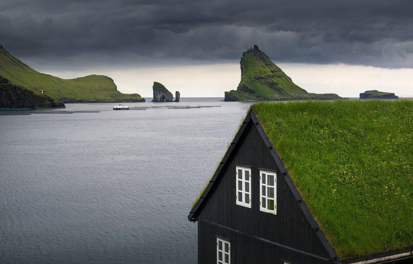 1332x850 Wallpaper house, shore, Faroe Islands, Vaga, Bour image