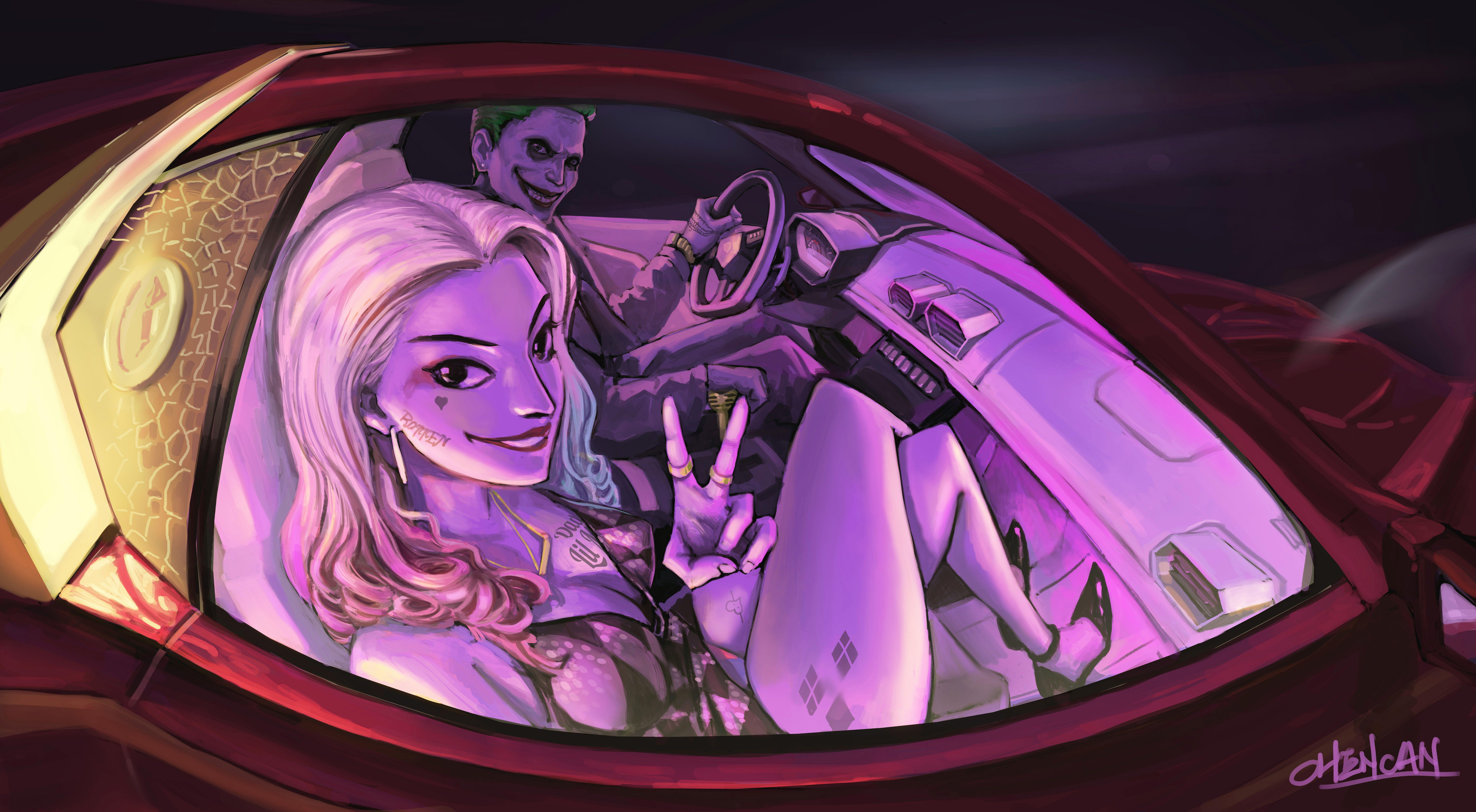 8639x4755 Joker And Harley Quinn In The Car Artwork 8k, HD Superheroes