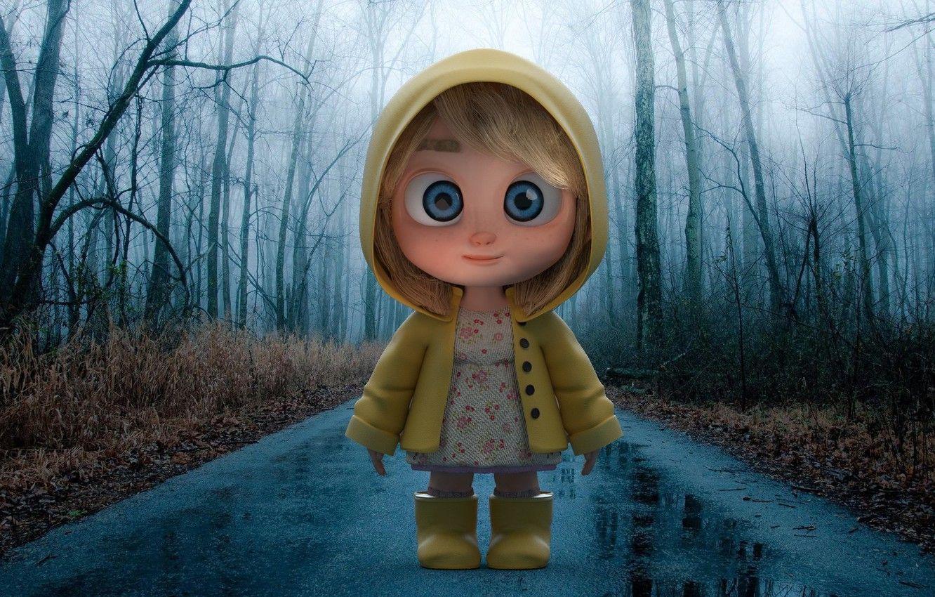 1332x850 Wallpaper road, the rain, autumn, art, girl, cloak, Rainyday