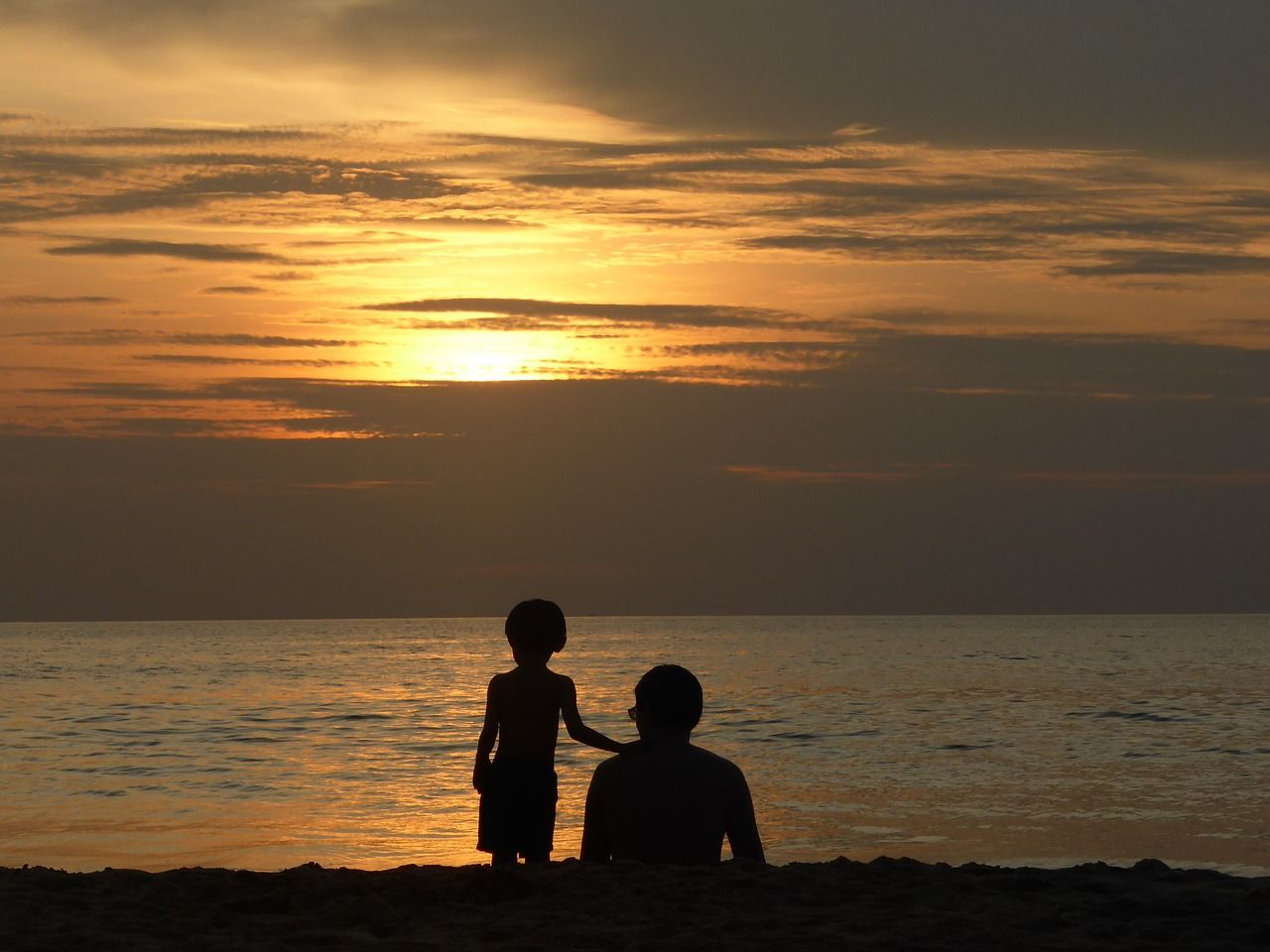 1280x960 Sunset, father, son, family, beach