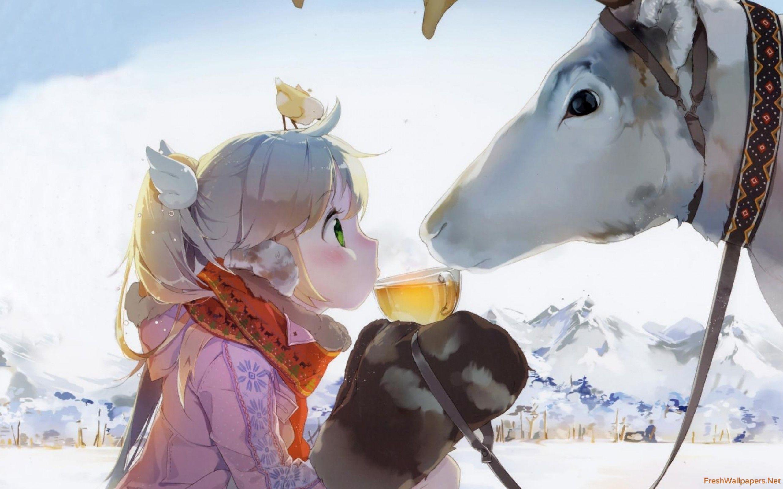 2560x1600 Girl sharing a tea with a Reindeer wallpaper