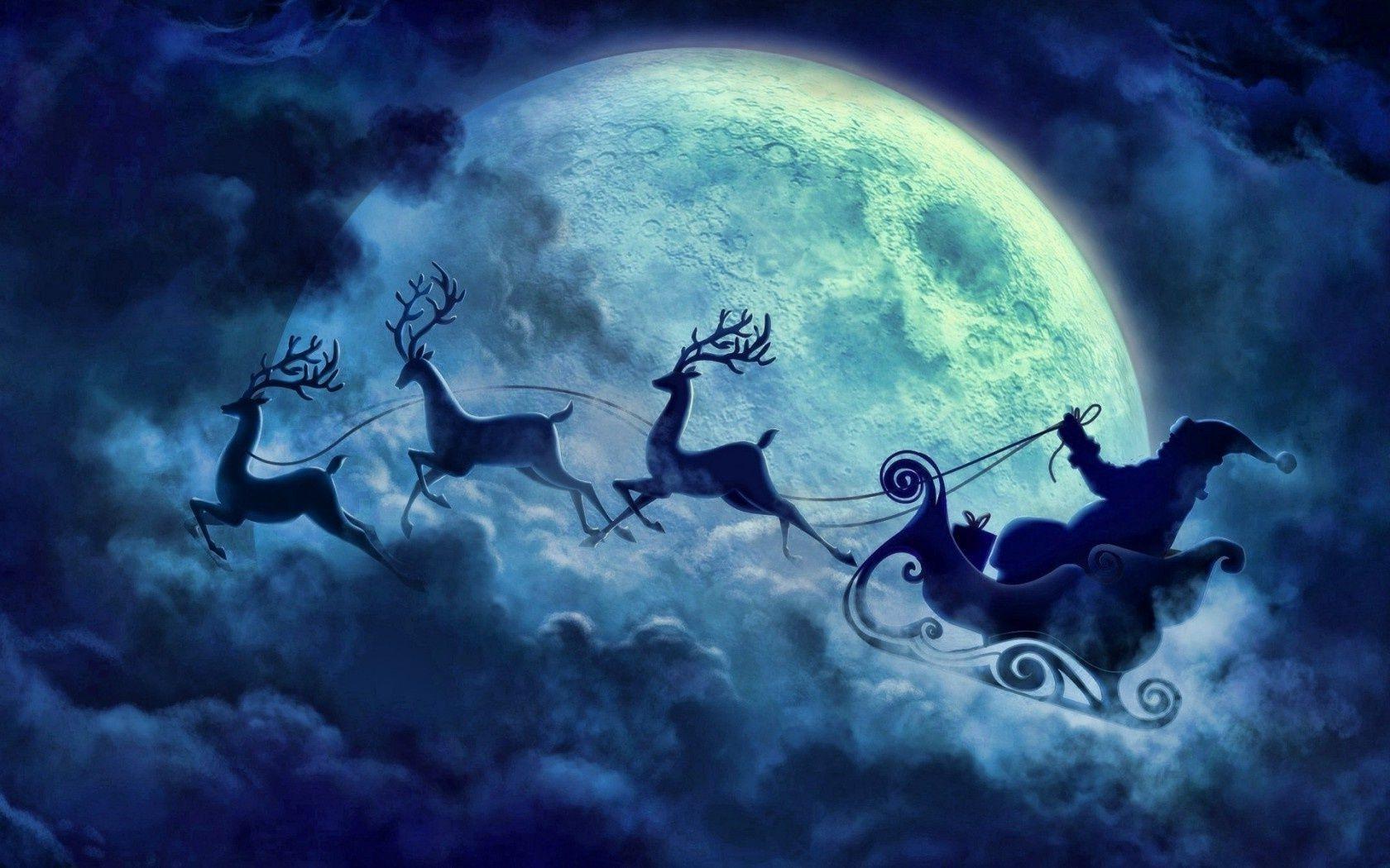 1680x1050 Night blue cloud flying reindeer moon santa christmas