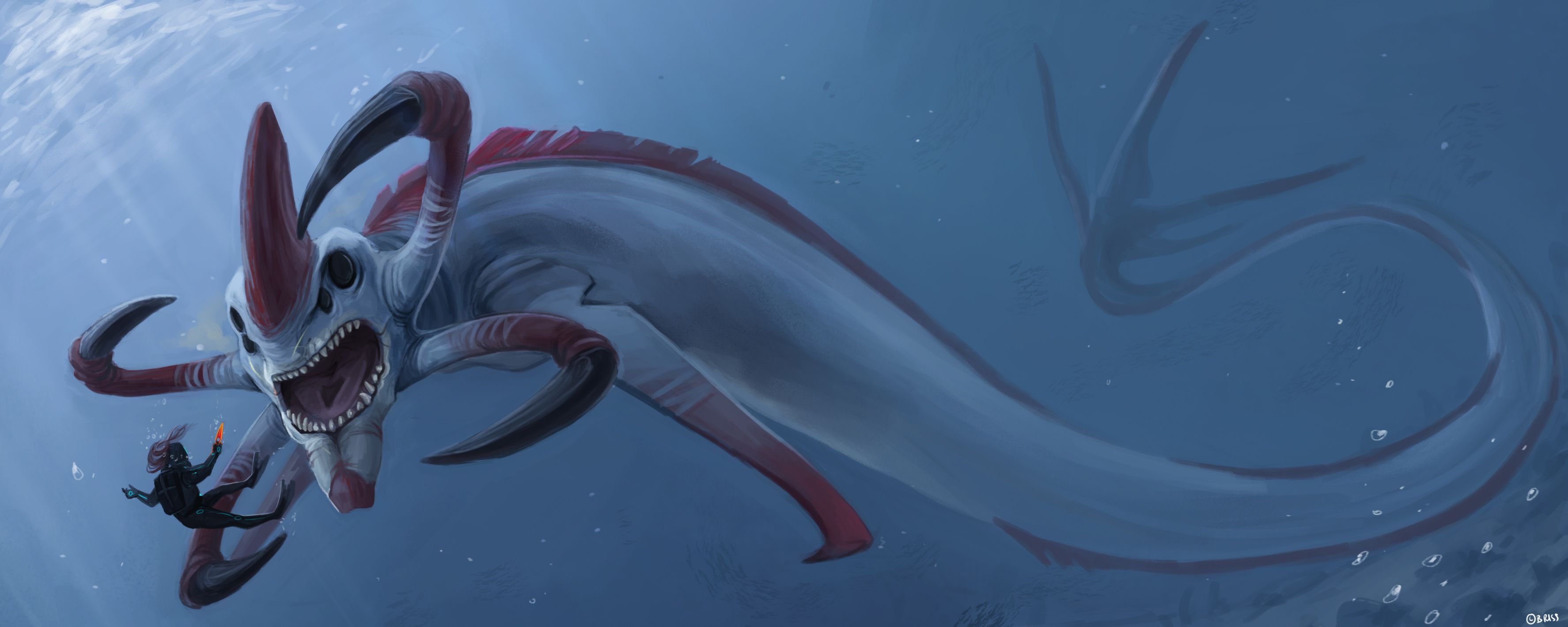 3550x1420 Subnautica Sea Monster HD Wallpaper