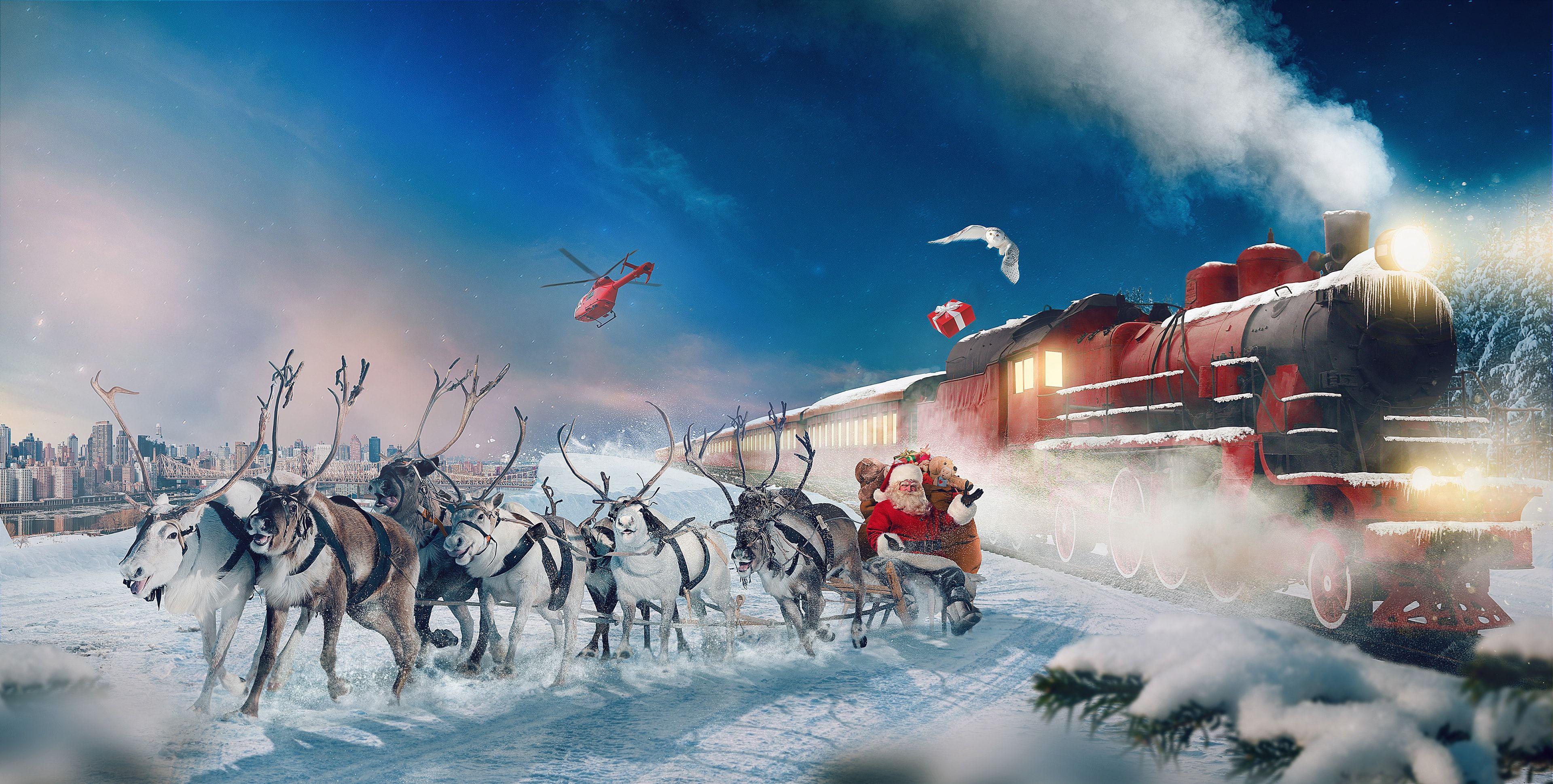 3840x1940 Polar Express Cỗ xe tuần lộc Ông già Noel Quà tặng mùa đông