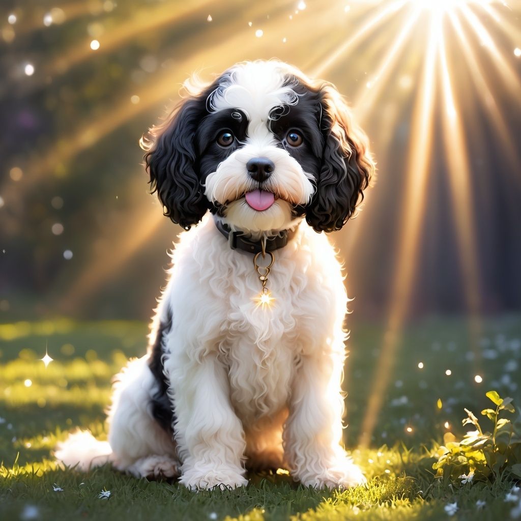 1024x1024 white cavapoo dog, magical aura