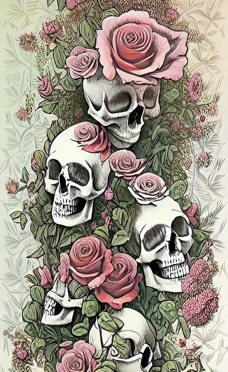 784x1280 Skulls, Floral Background, Roses