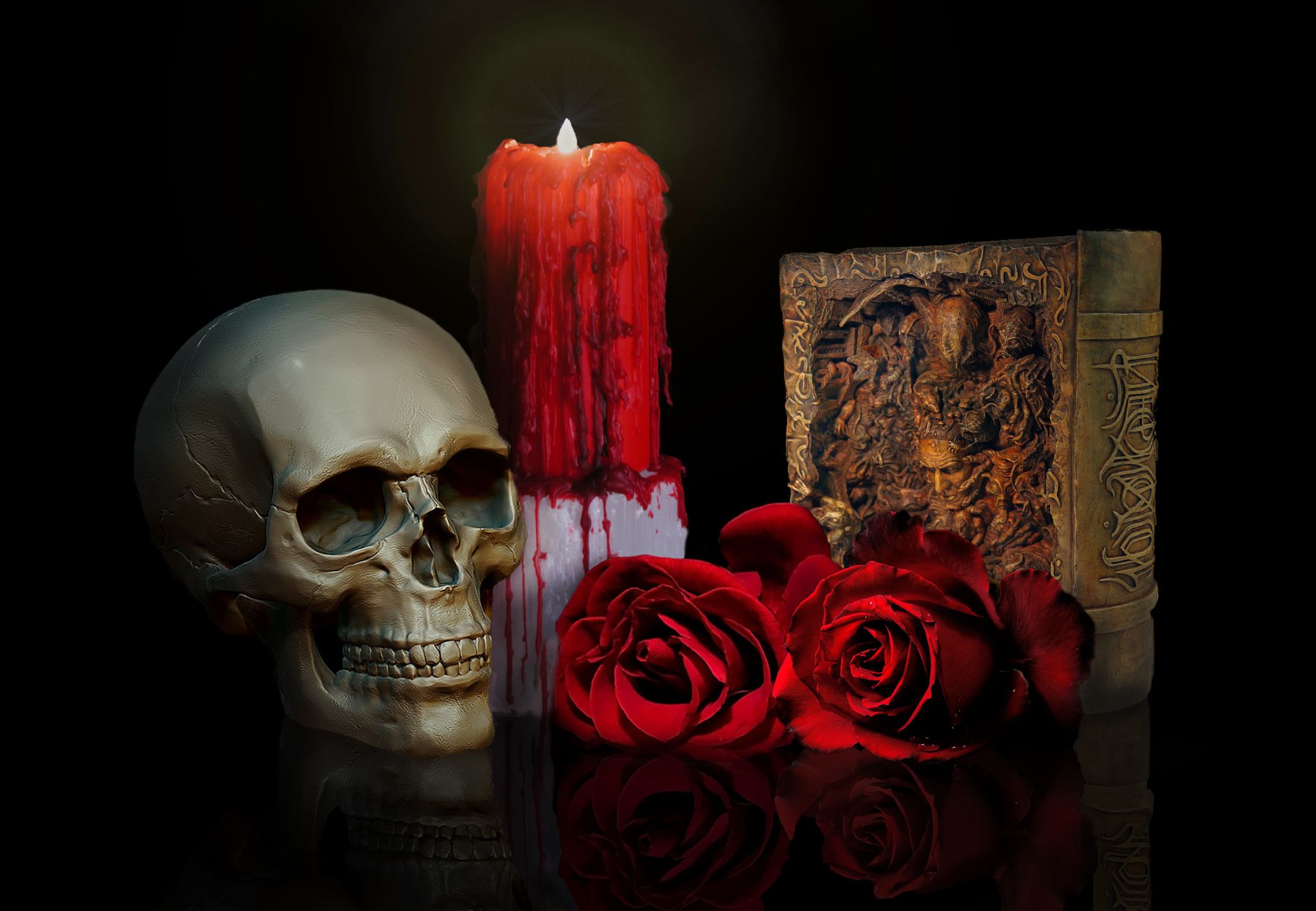 2048x1418 Wallpaper skull, roses, candle, book
