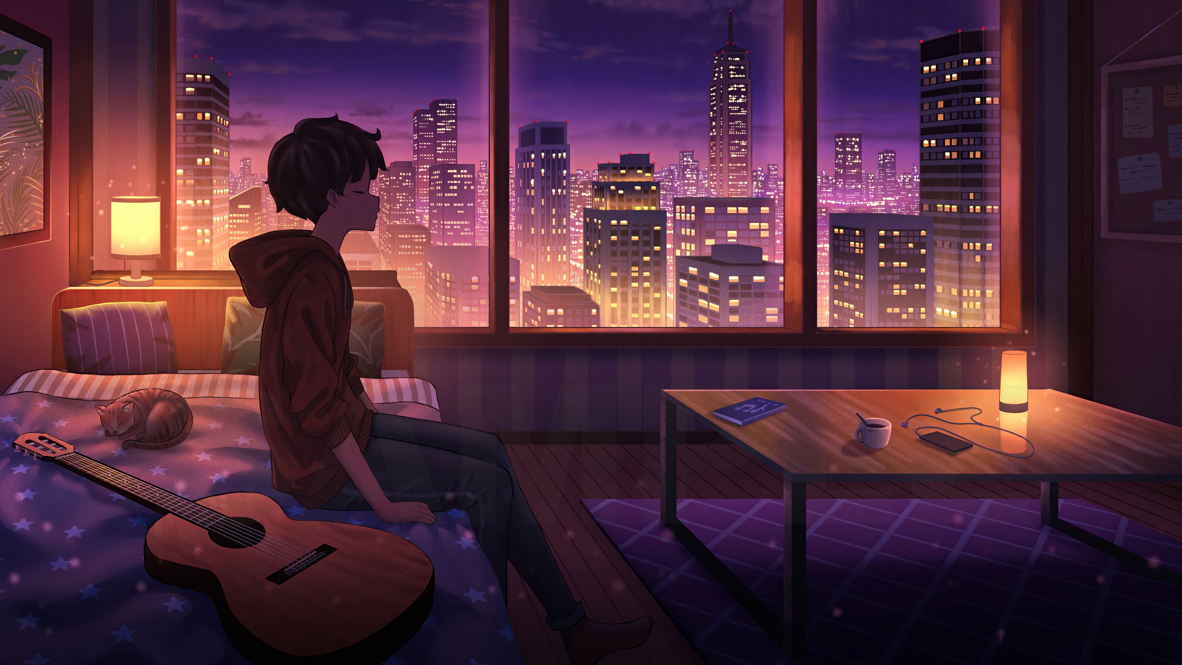 3840x2160 Anime Boy Window City Building Scenery