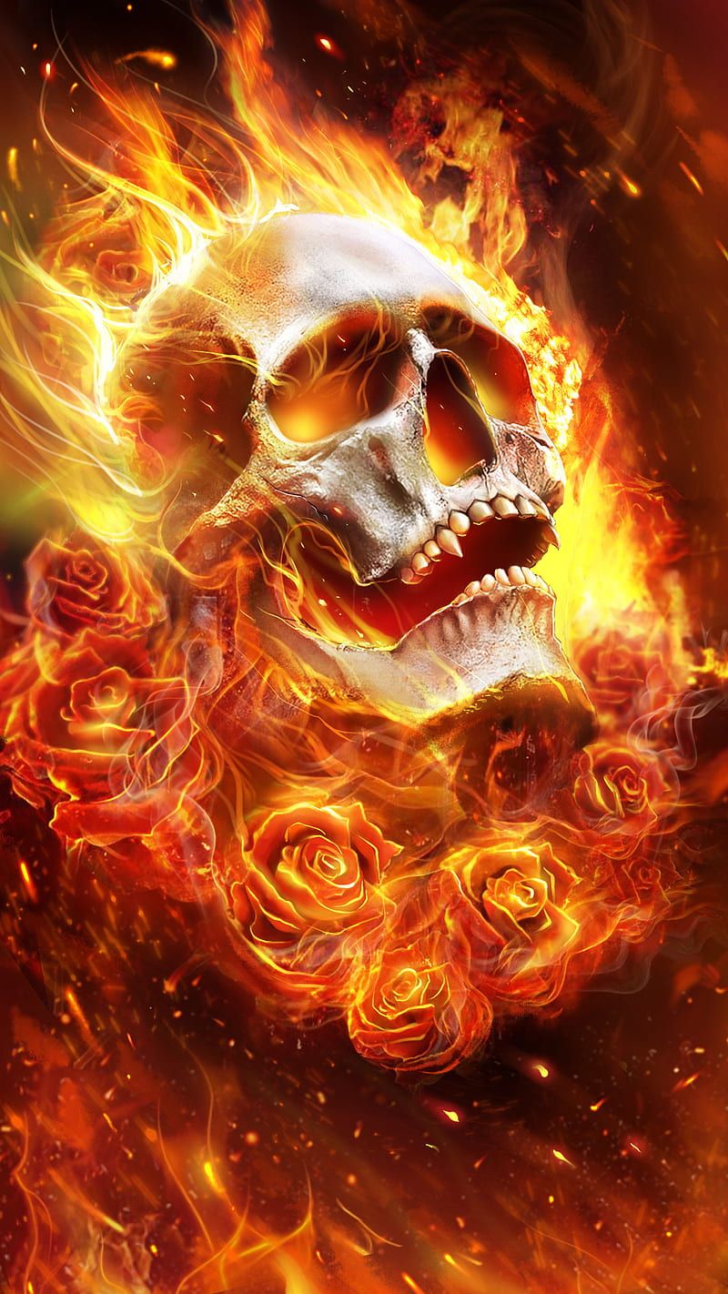 800x1422 Fire Skull, skull on fire, HD phone