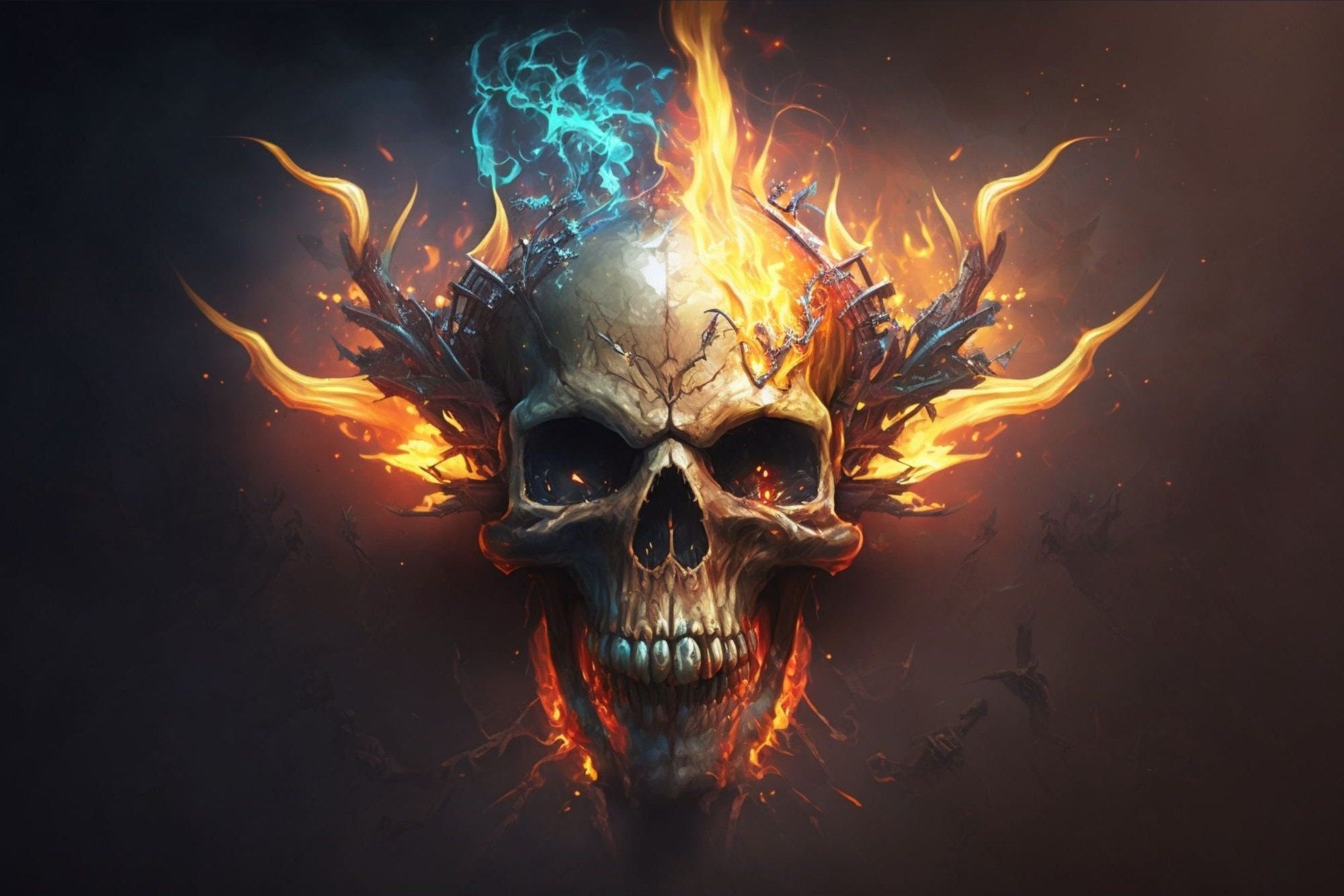 2000x1333 AI Art Flame Enshrouded Skull PNG