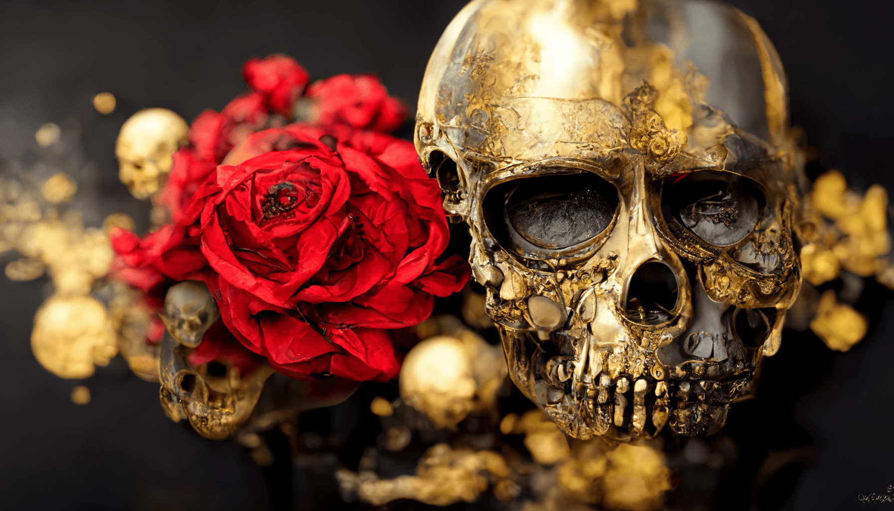 1792x1024 A golden skull with roses