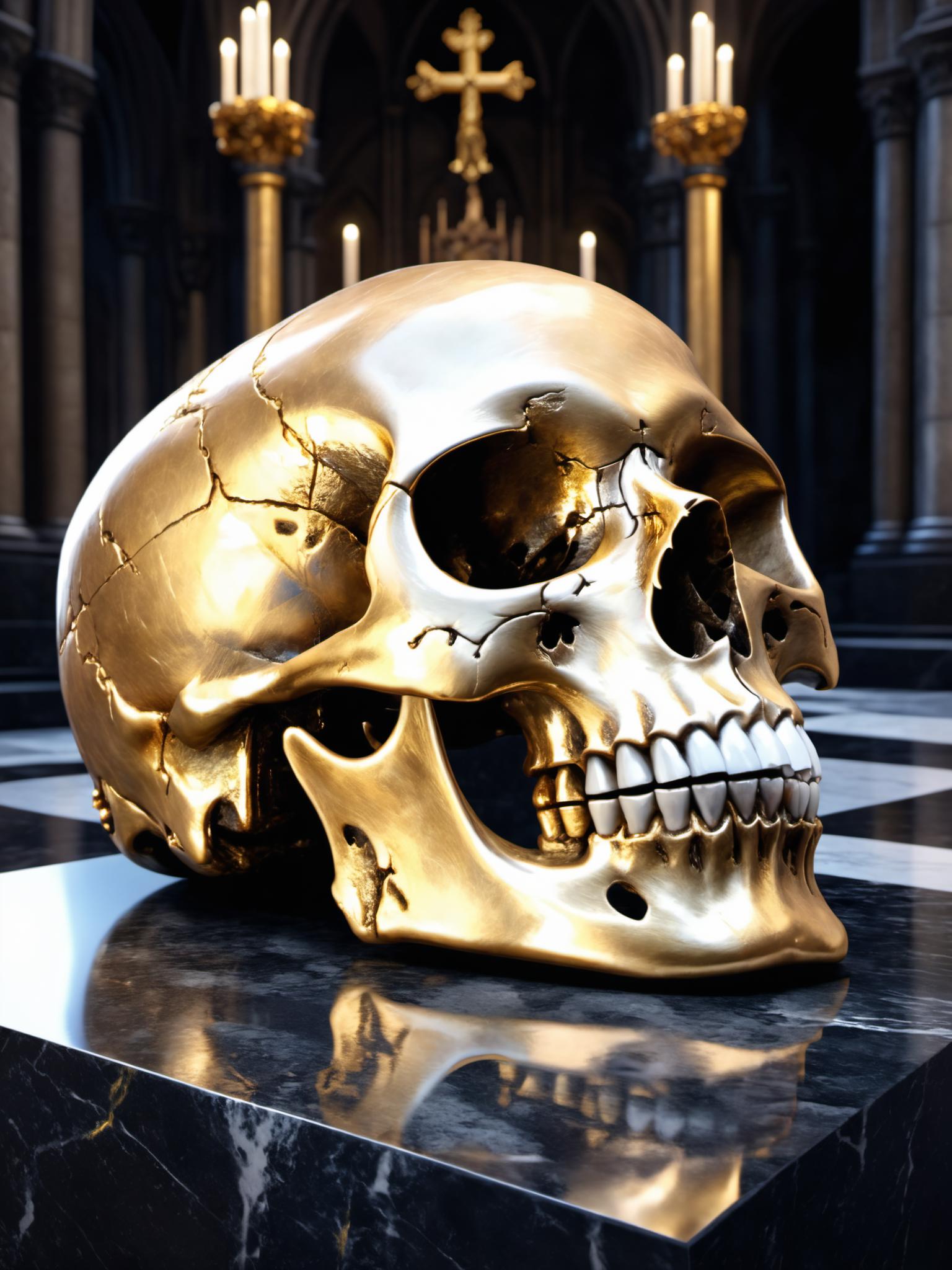 1536x2048 A close up of a gold skull on a black