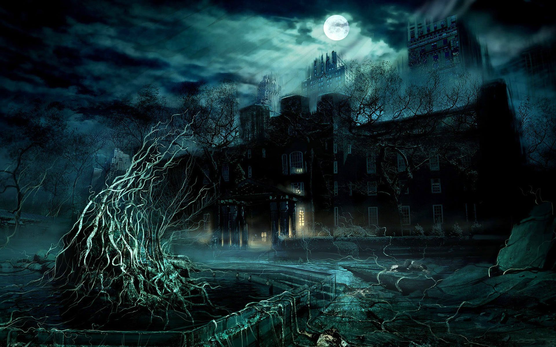 1920x1200 Dark Fantasy Castle: Haunting HD Nightscape Wallpaper
