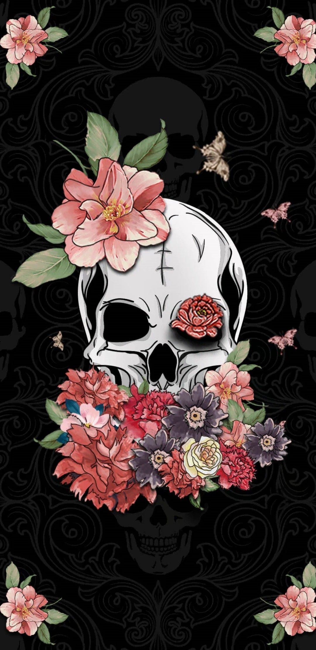 1080x2220 floral skull wallpaper