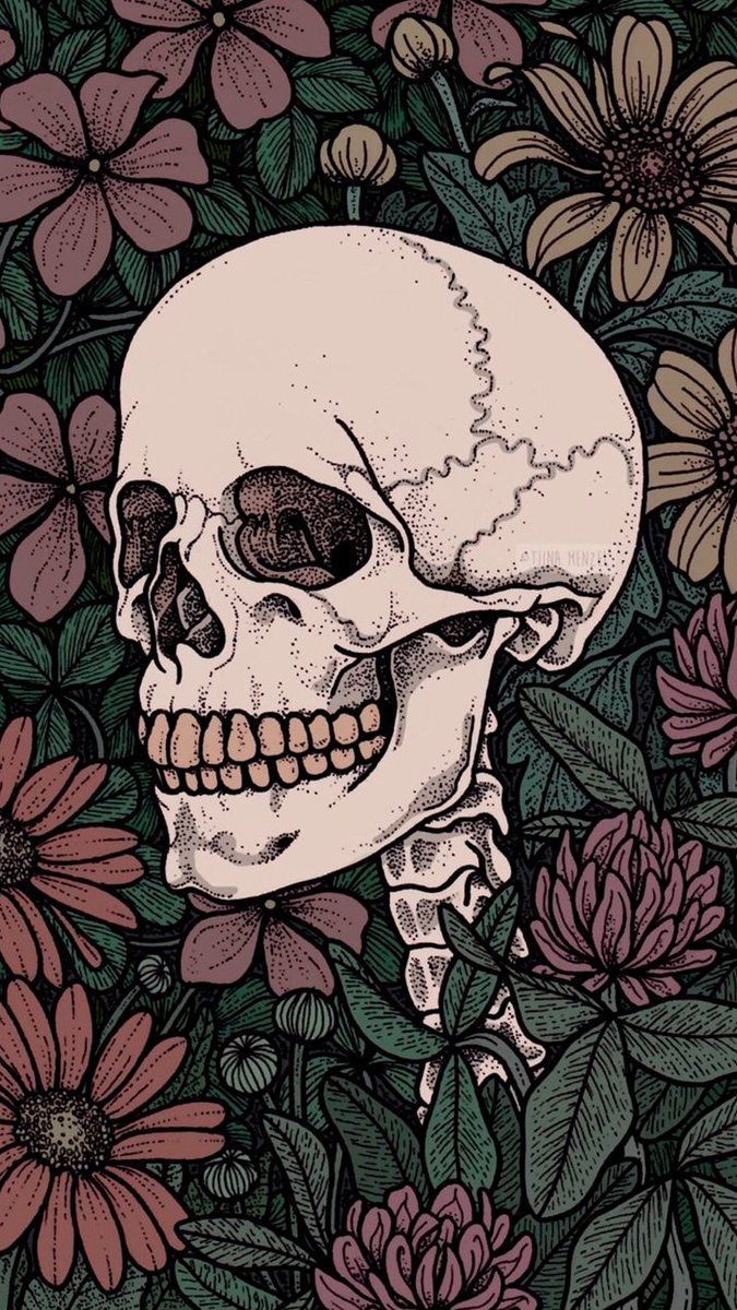 675x1200 Skull And Flowers Wallpaper