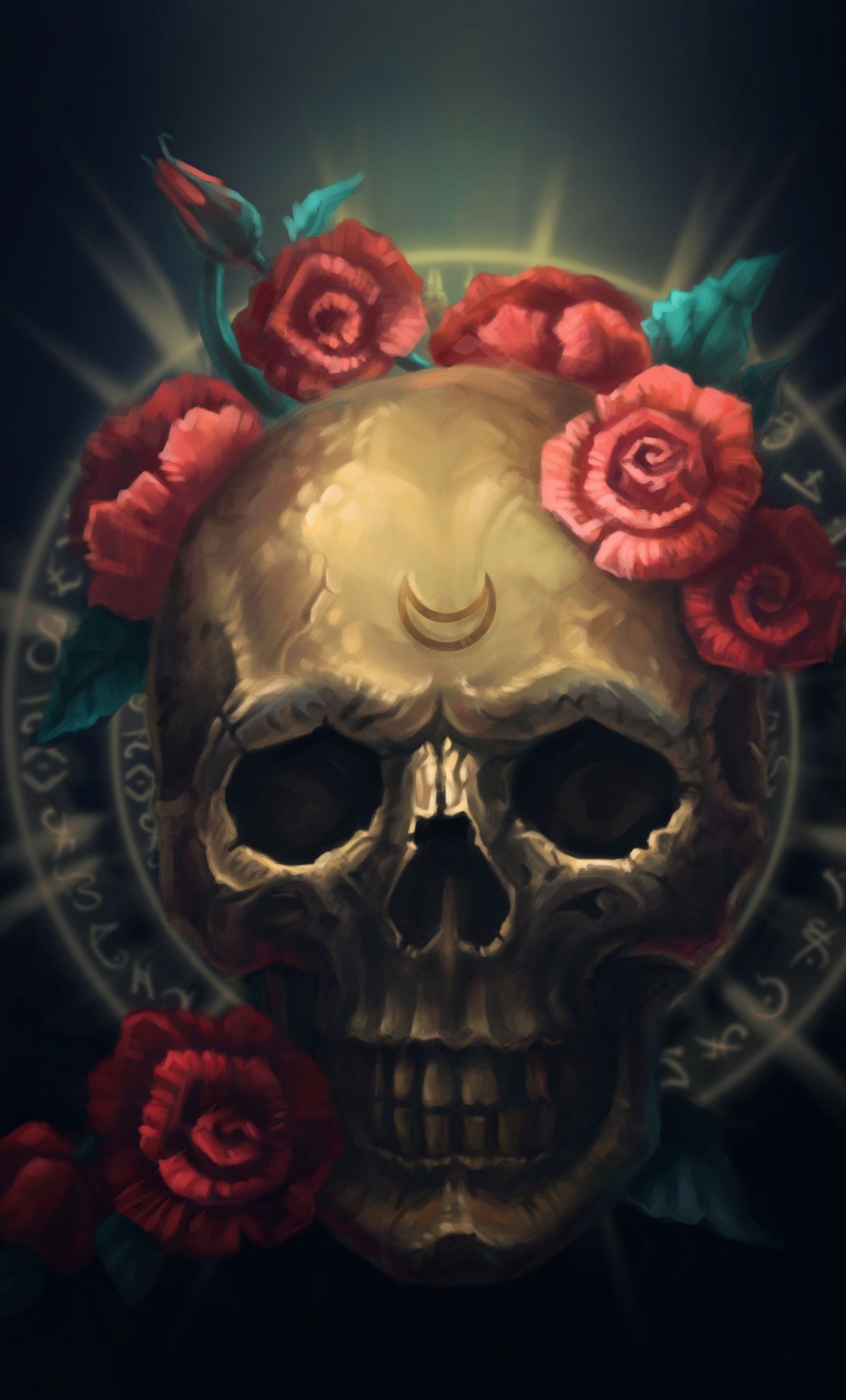 1280x2120 wallpaper 1280x2120 skull, flowers, art