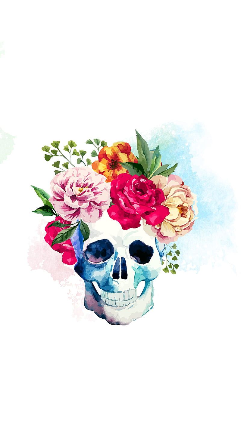 800x1423 HD skull with flower wallpaper