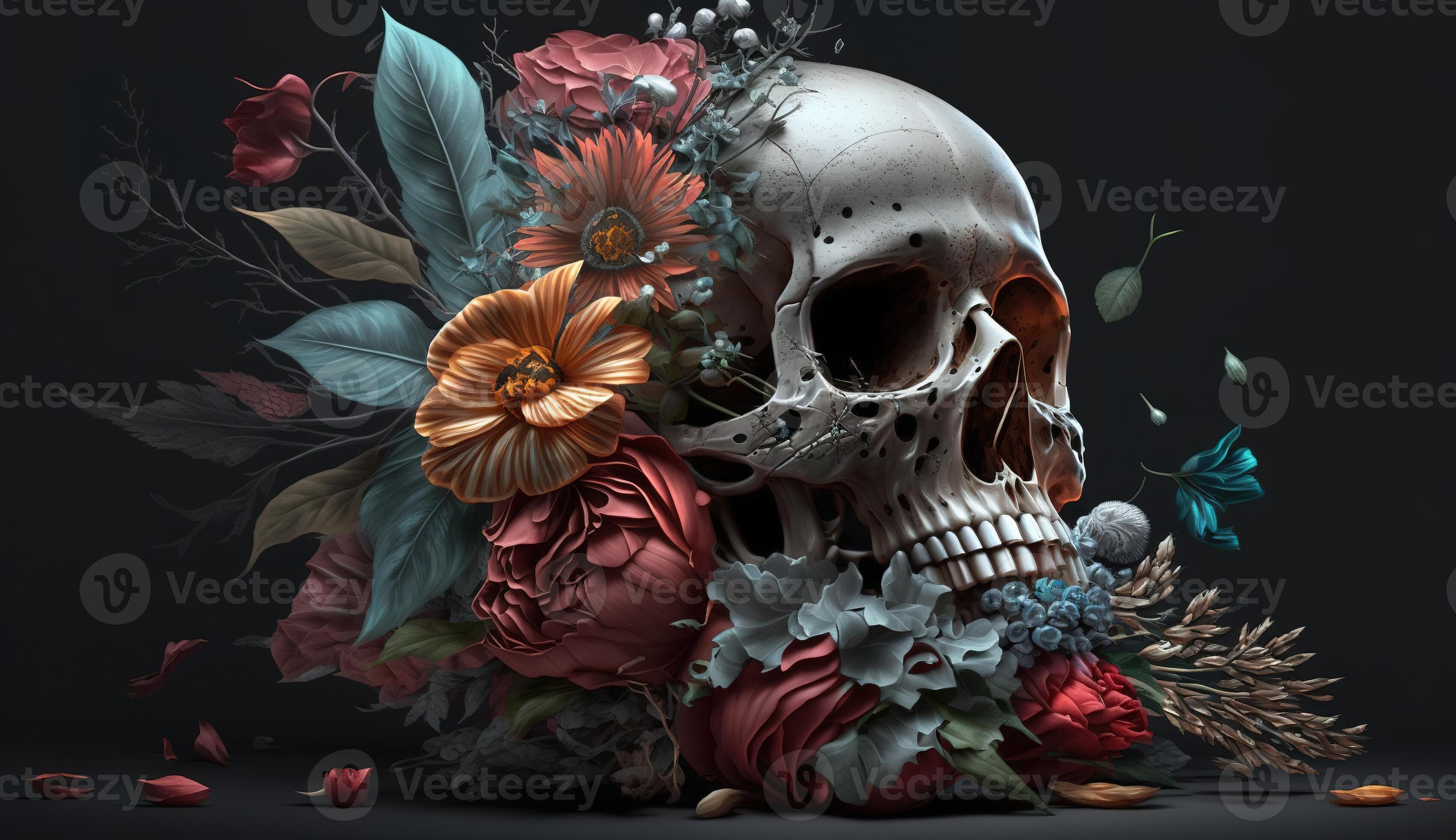 3397x1960 Skull with roses. Human Skull