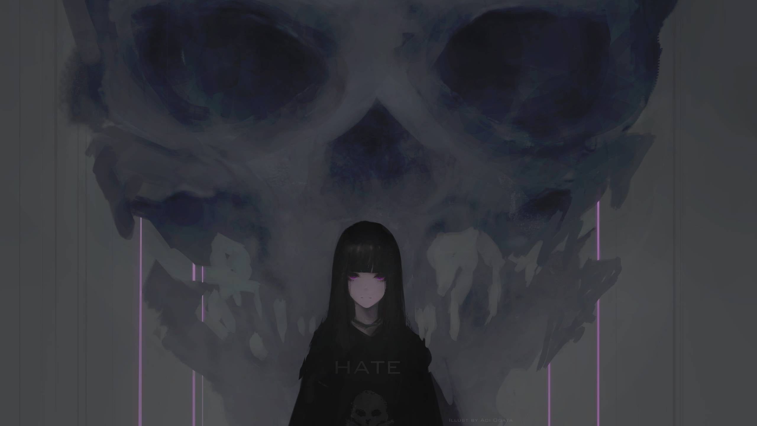 2560x1440 Wallpaper girl, skull, anime, art, hate