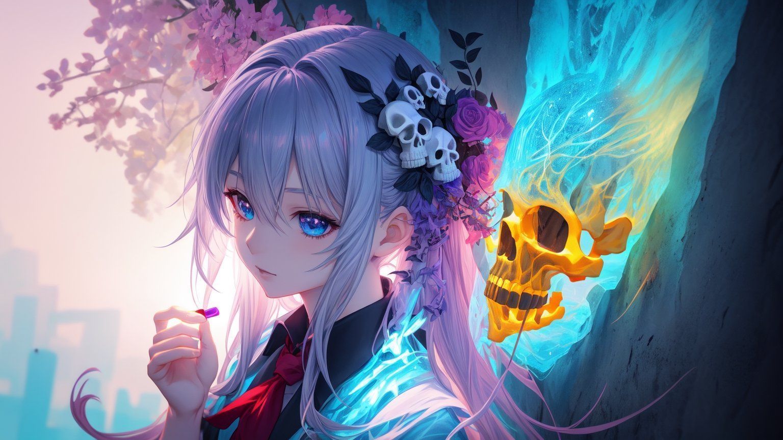 1536x864 skul head, long hair, anime gi. image