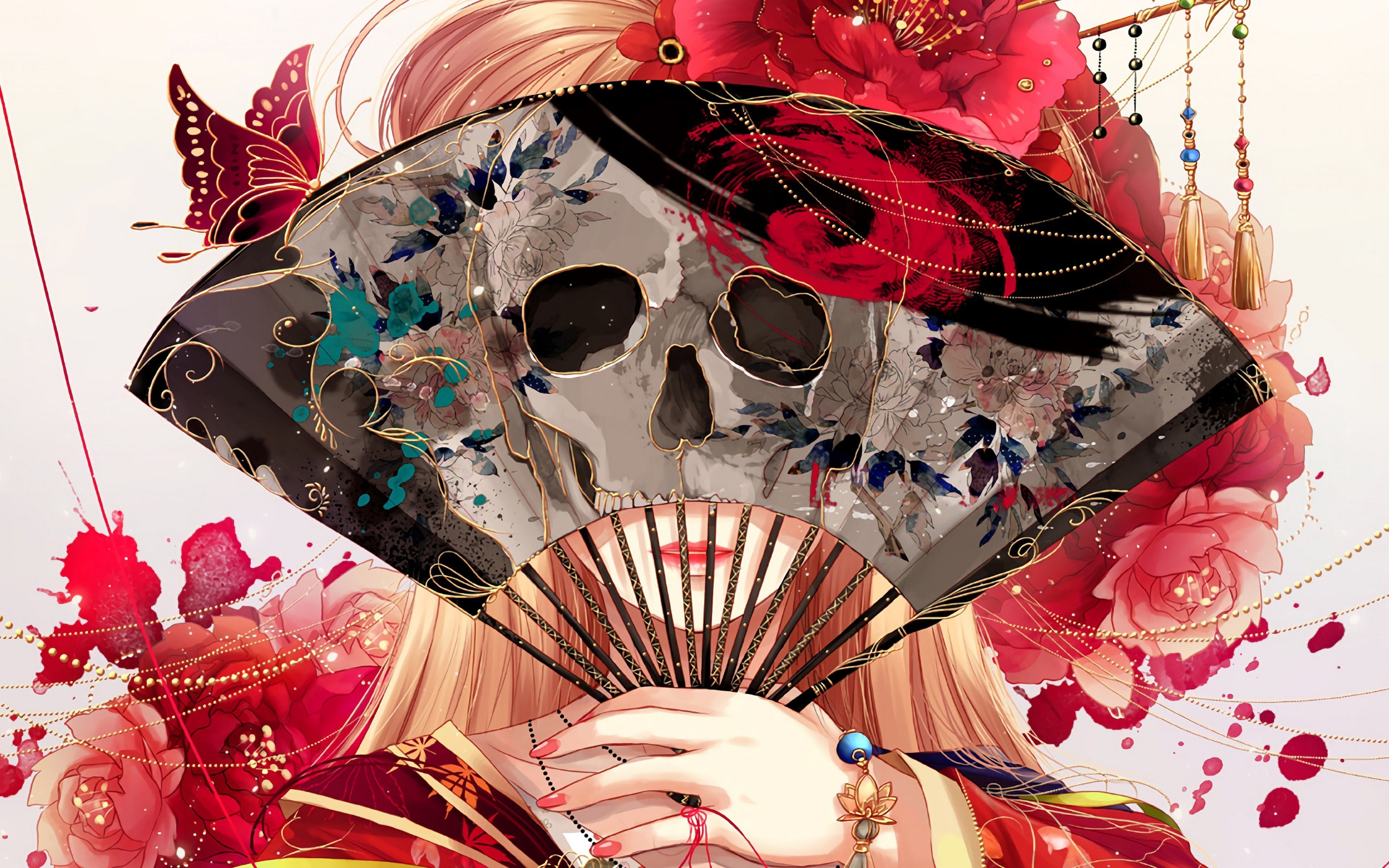 3840x2400 Skull Fan Anime Girl Kimono 4K