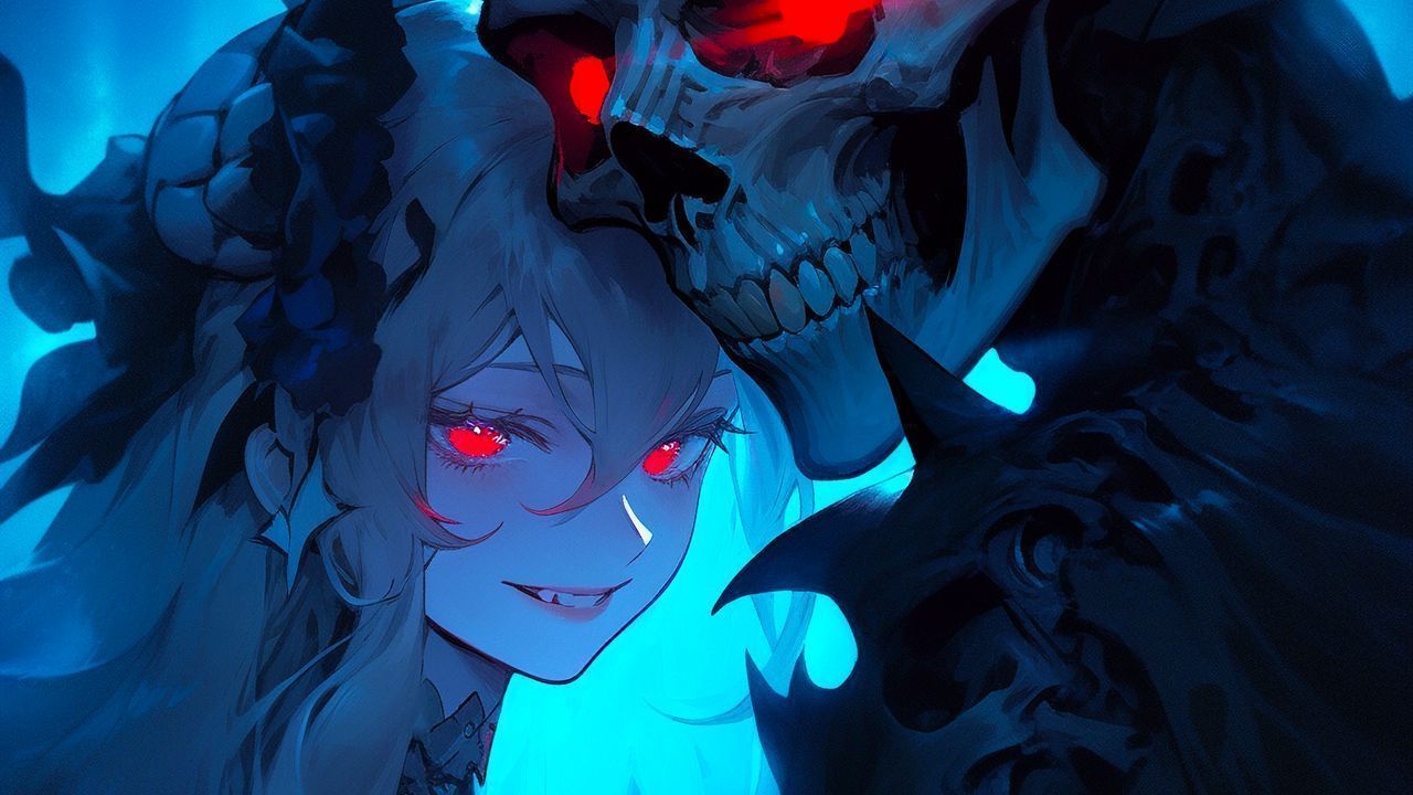 1280x720 Wallpaper girl, demon, skull, anime