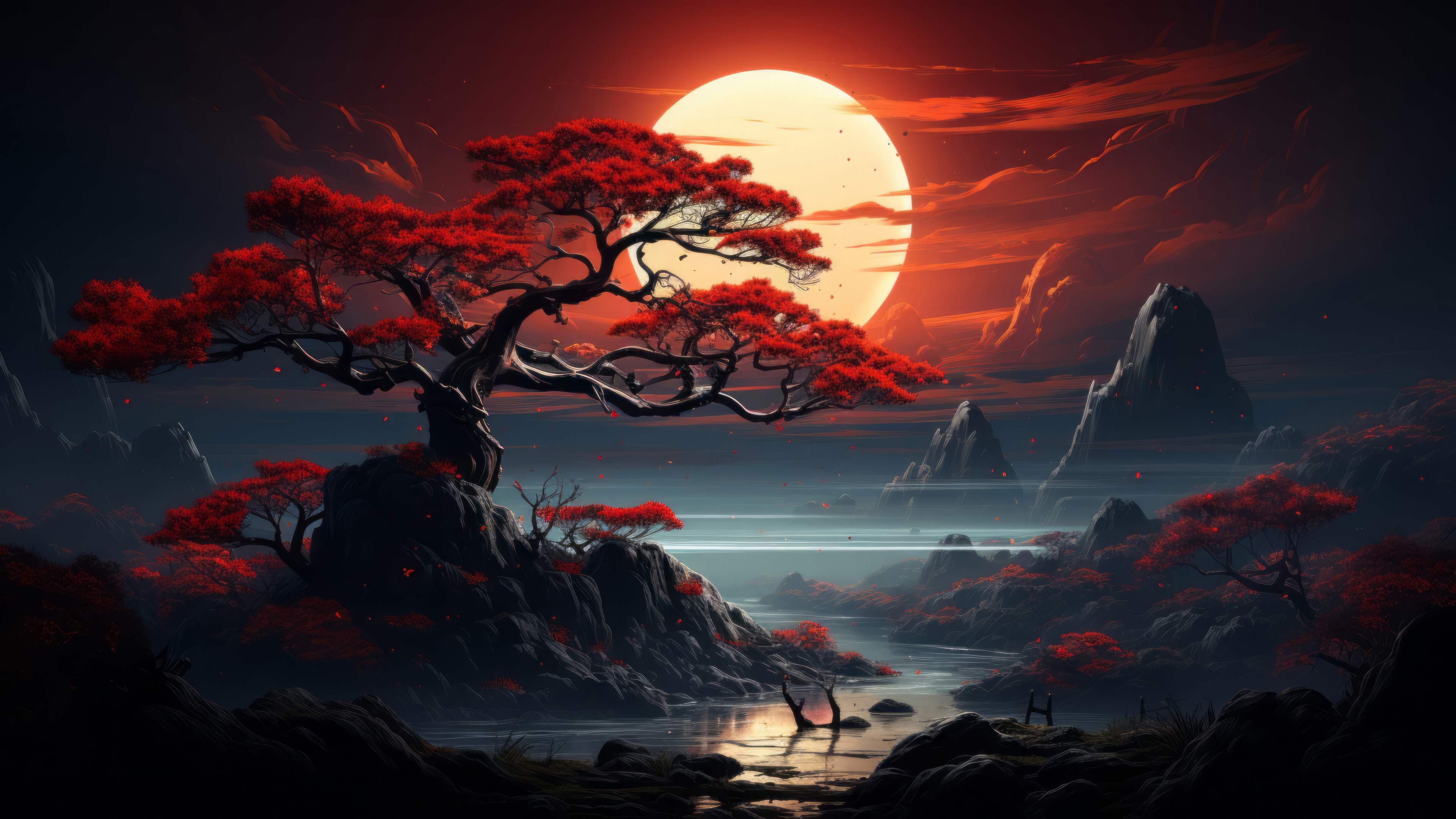 3840x2160 Full Moon Japanese Tree Night Sky