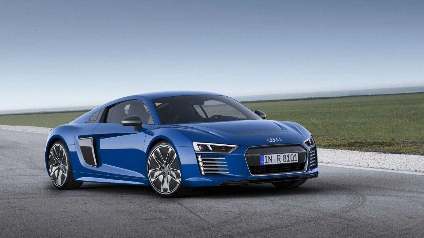 1366x768 HD Background Audi R8 E Tron Blue Front And Side View Sportscar