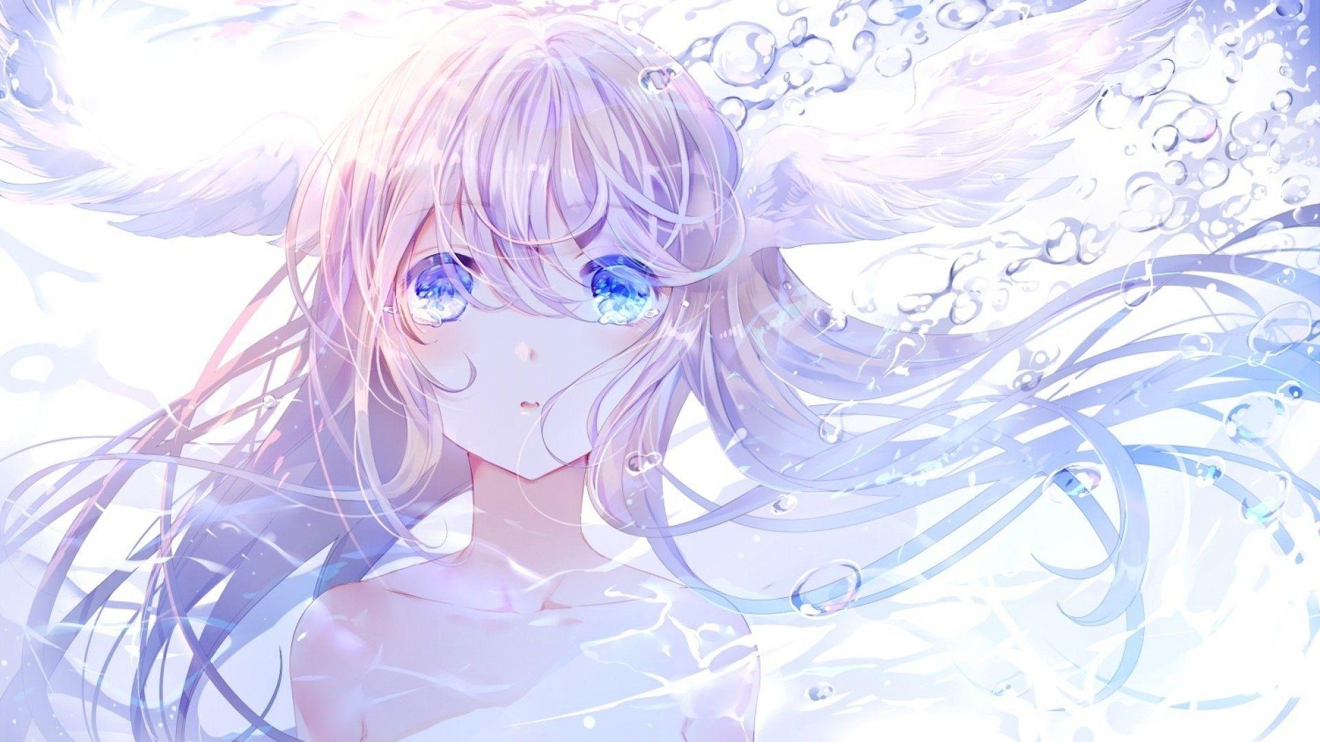 1920x1080 Download 1920x1080 Anime Girl, Crying, Tears, Wings, Underwater, Bubbles Wallpaper for Widescreen