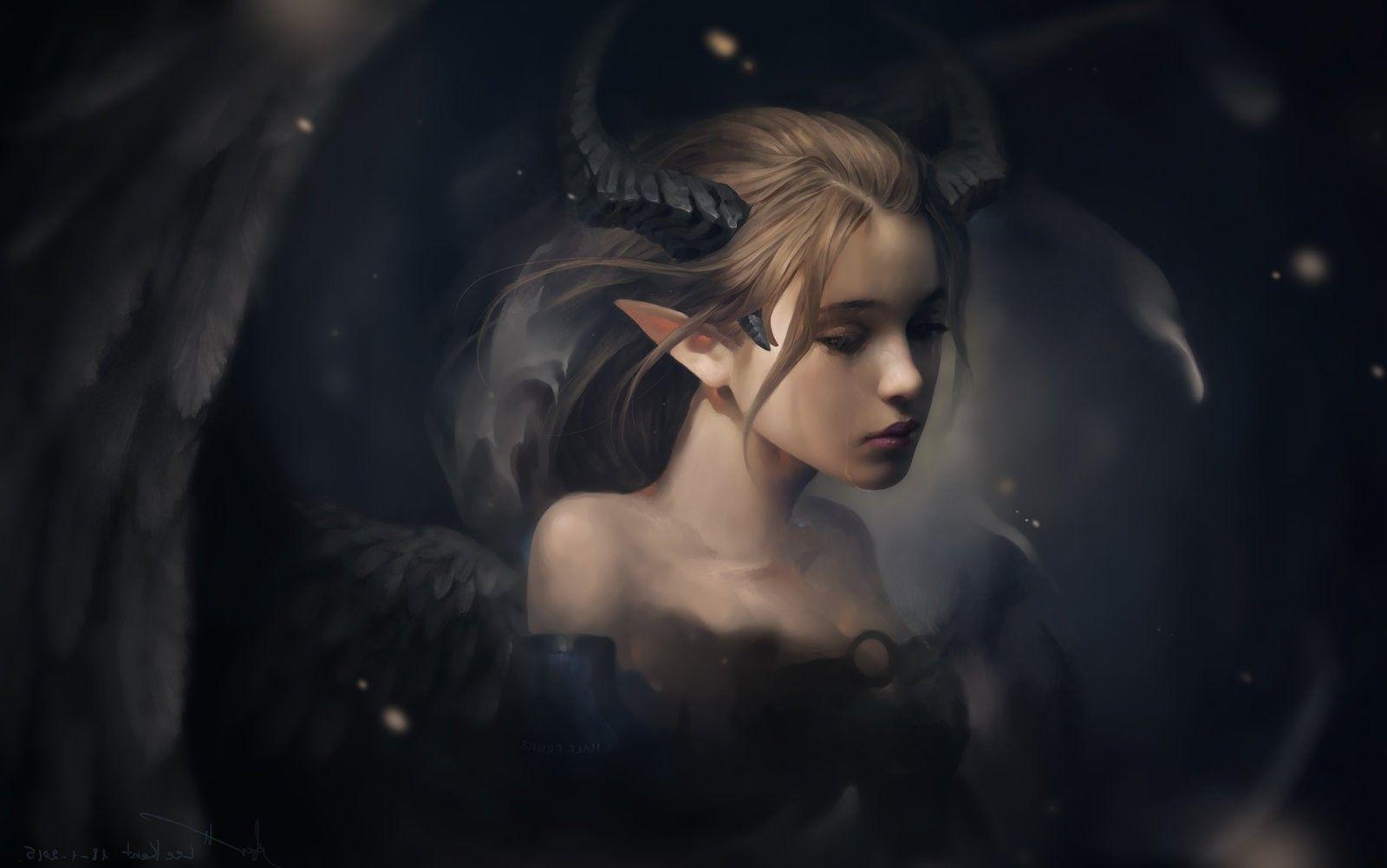 1600x1002 drawing fantasy art demon demon girls sad wings
