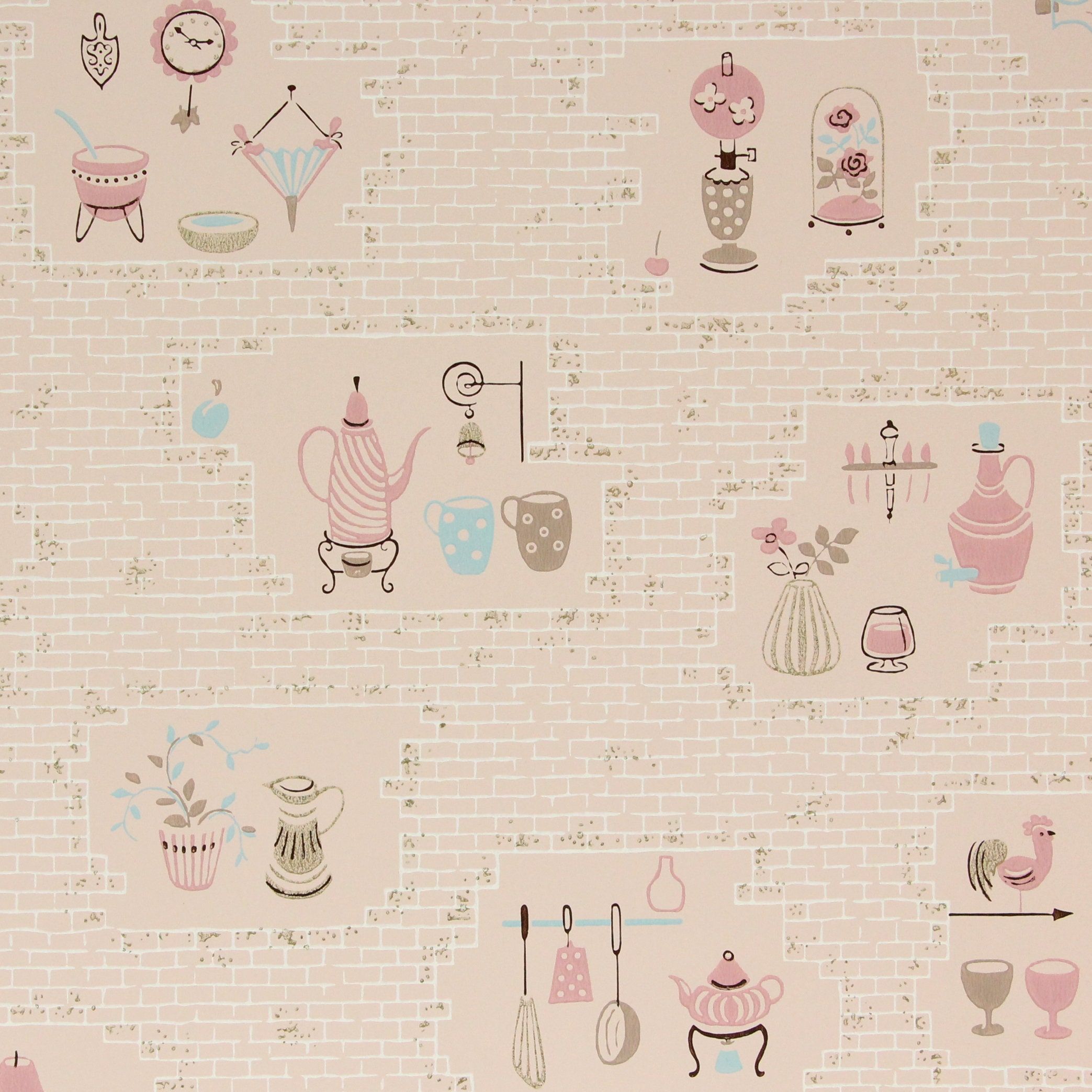 2087x2087 1950s Vintage Wallpaper Art Teapots Kitchen Utensils Roses Lamps on Pink Brick, Sold
