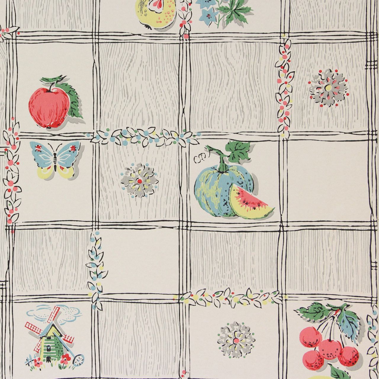 1280x1280 1950s Vintage Wallpaper Fruit Windmill on Gray Wood Grain's Vintage Wallpaper