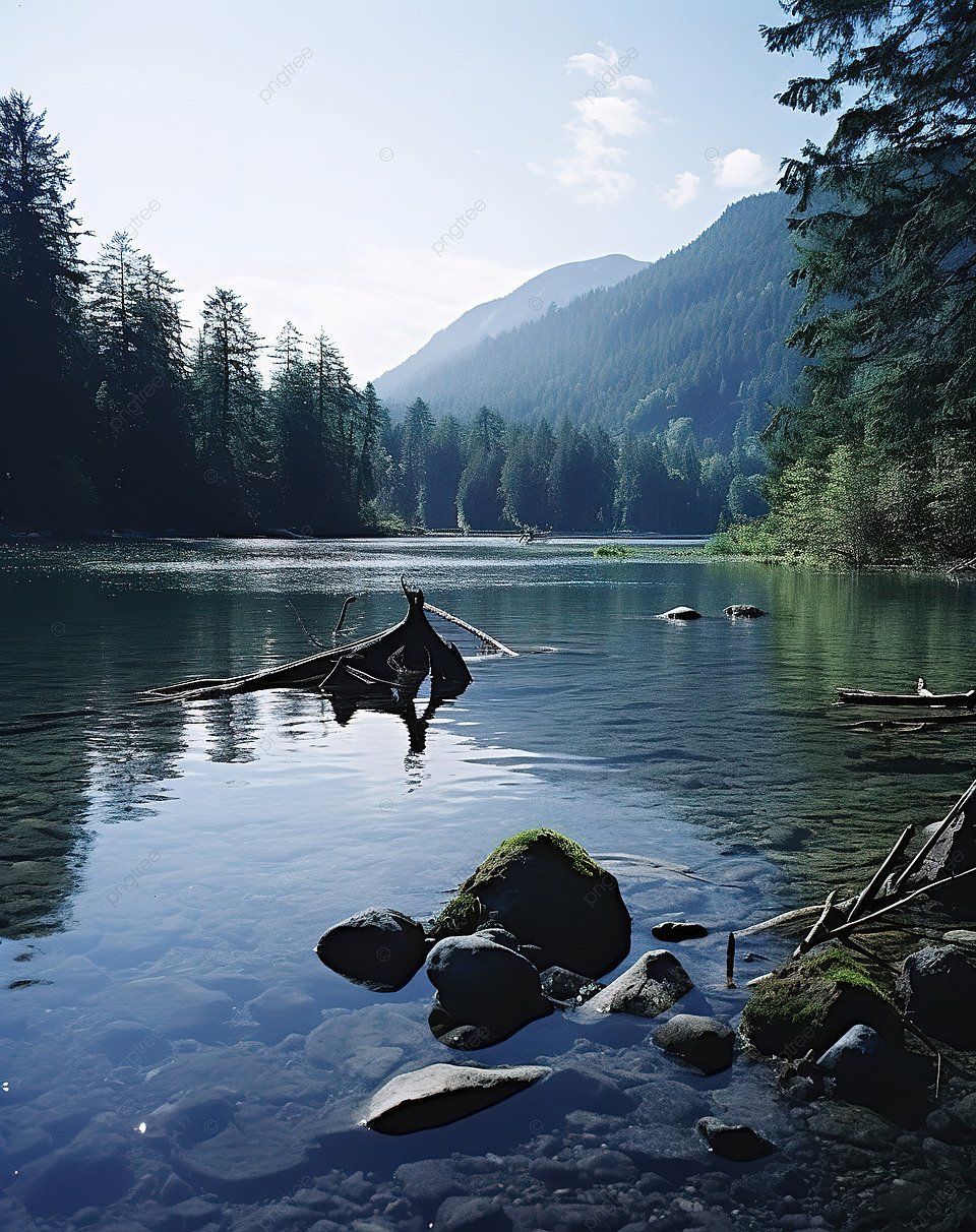 Calm crystal clear lake reflecting pine trees and blue sky at sunrise
