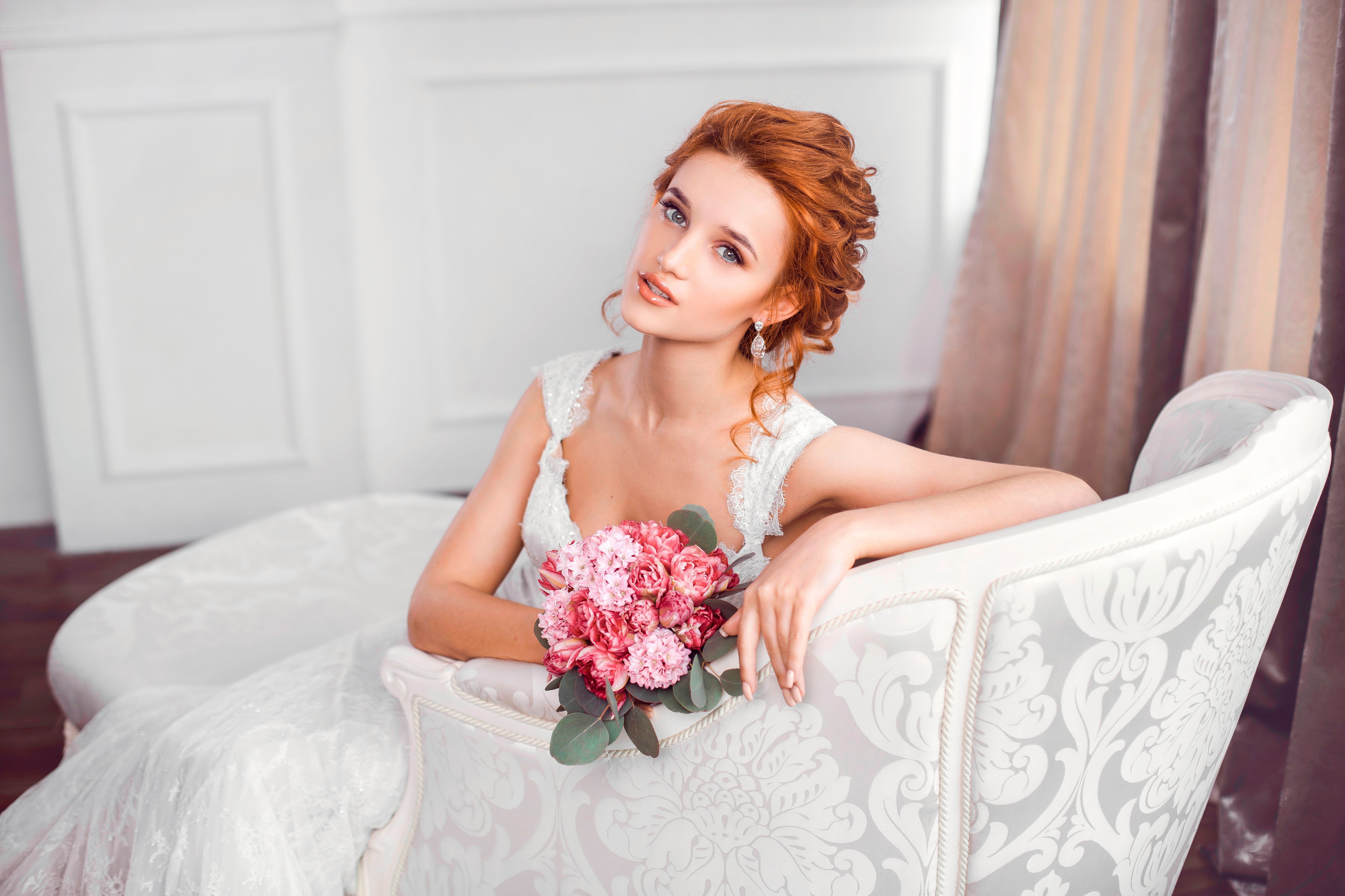 5760x3840 HD desktop wallpaper: Bouquet, Redhead