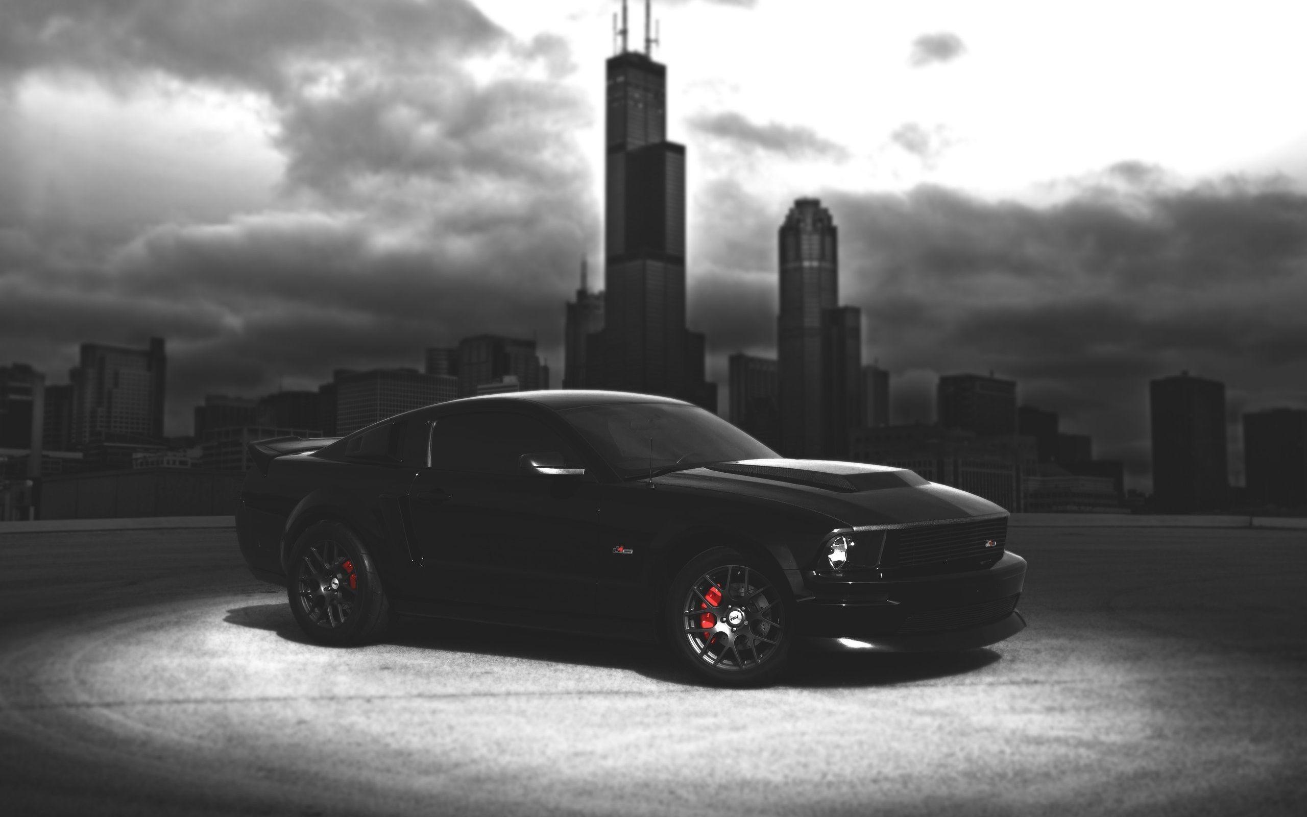 2560x1600 Wallpaper Ford Mustang black car, dark night, city 2560x1600