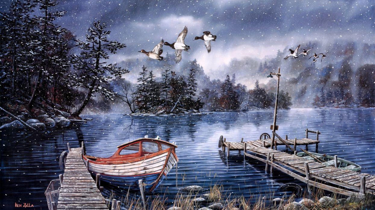 1245x700 Winter snow rustic duck ducks birds lakes trees boat boats country