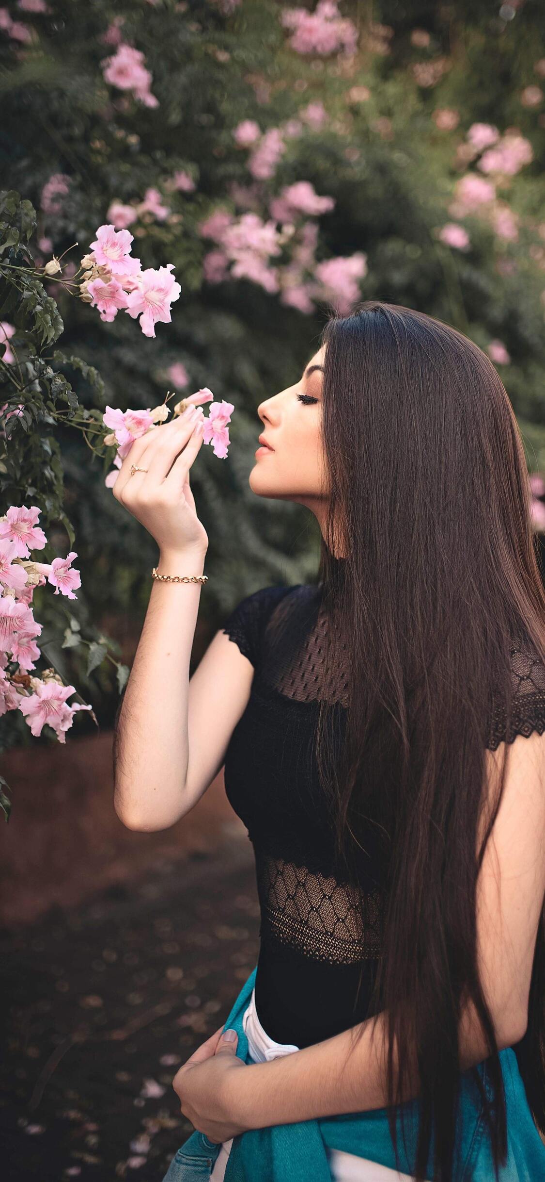 1125x2436 Girl Smelling Flowers iPhone XS, iPhone