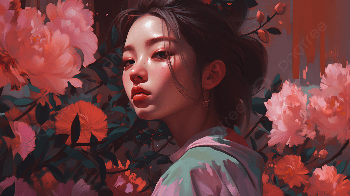 1200x673 An Artwork Of A Girl With Pink Flowers