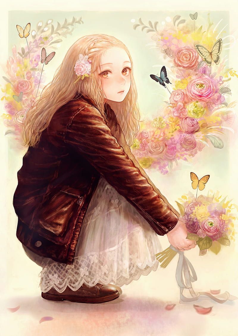 800x1131 Girl, flowers, anime, butterflies, blue