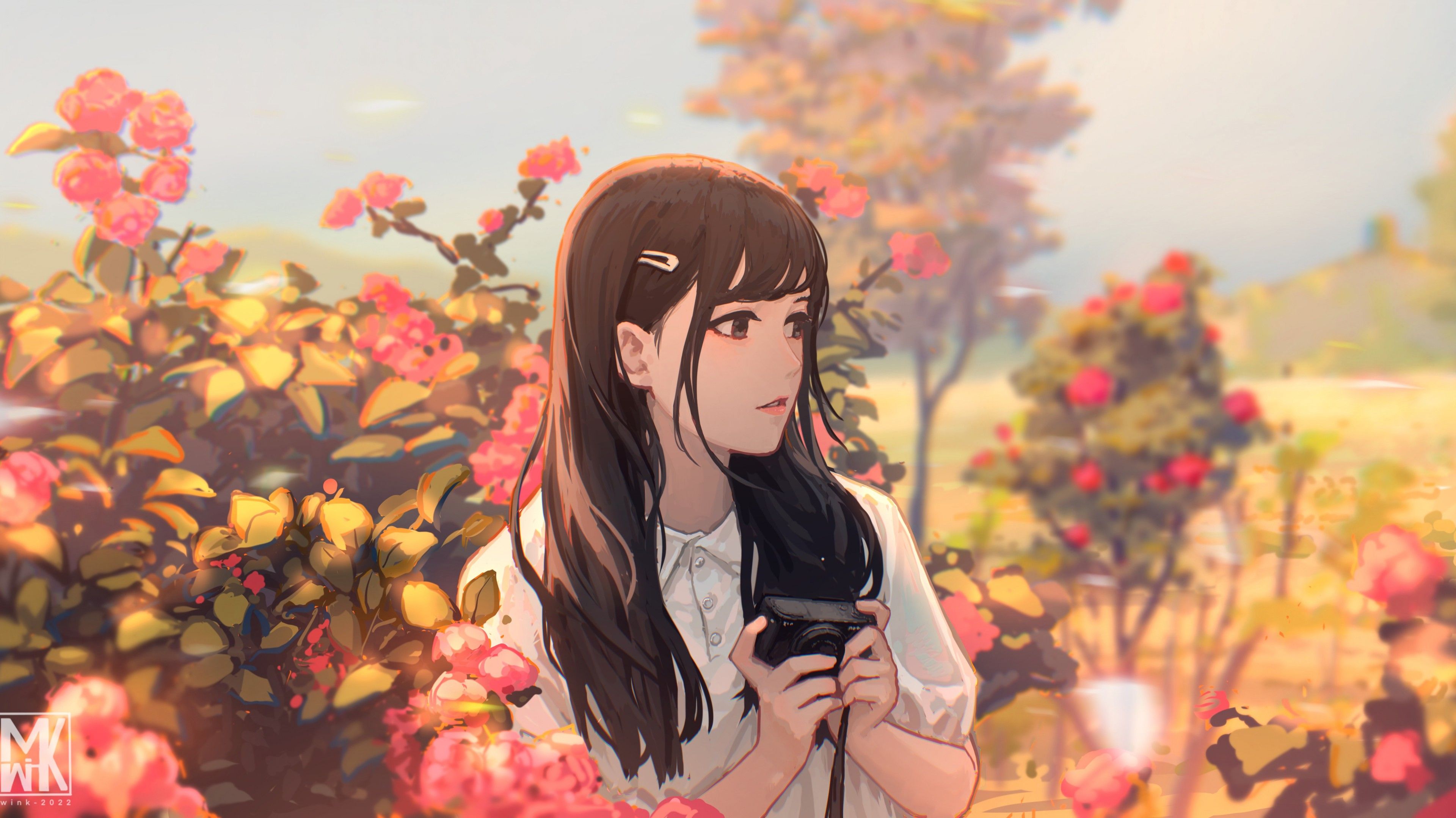 3840x2160 Anime Girl With Camera Standing