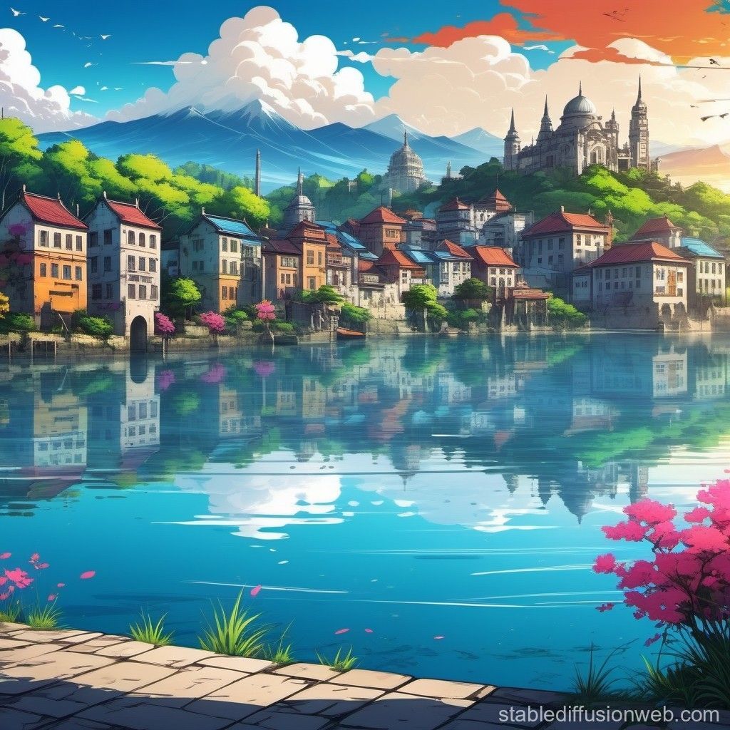 1024x1024 2k Anime Lake City Wallpaper. Stable