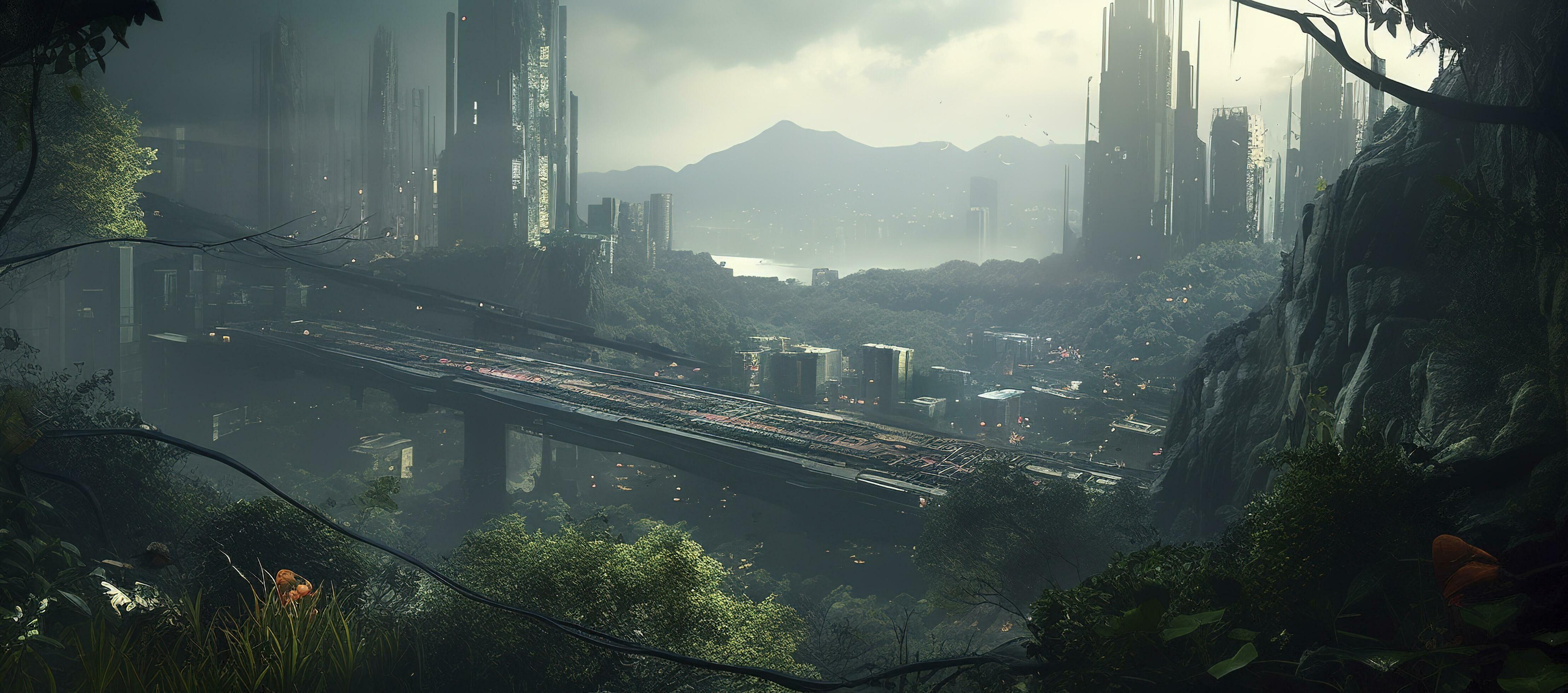 4435x1960 City wallpaper dystopian futuristic