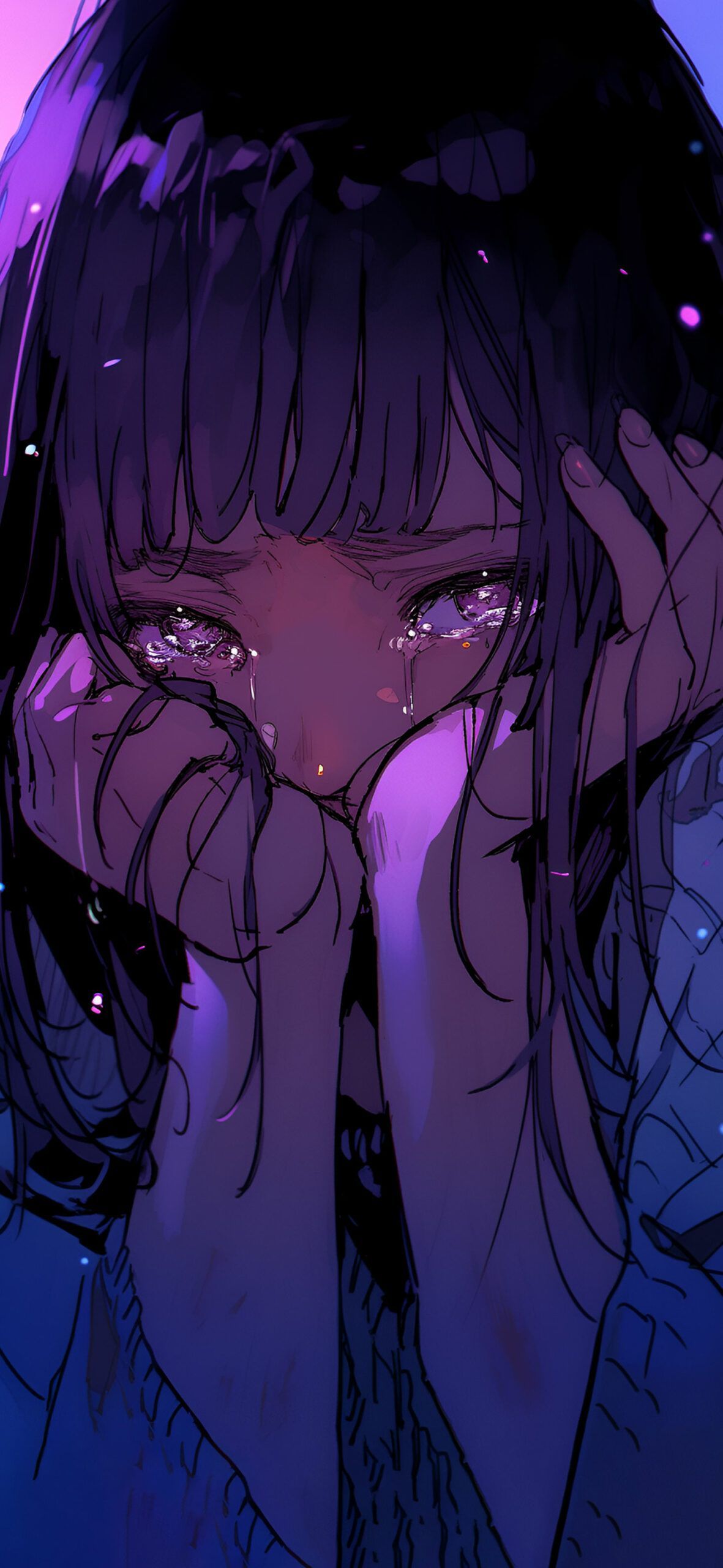 1181x2560 Crying Anime Girl Purple Wallpaper