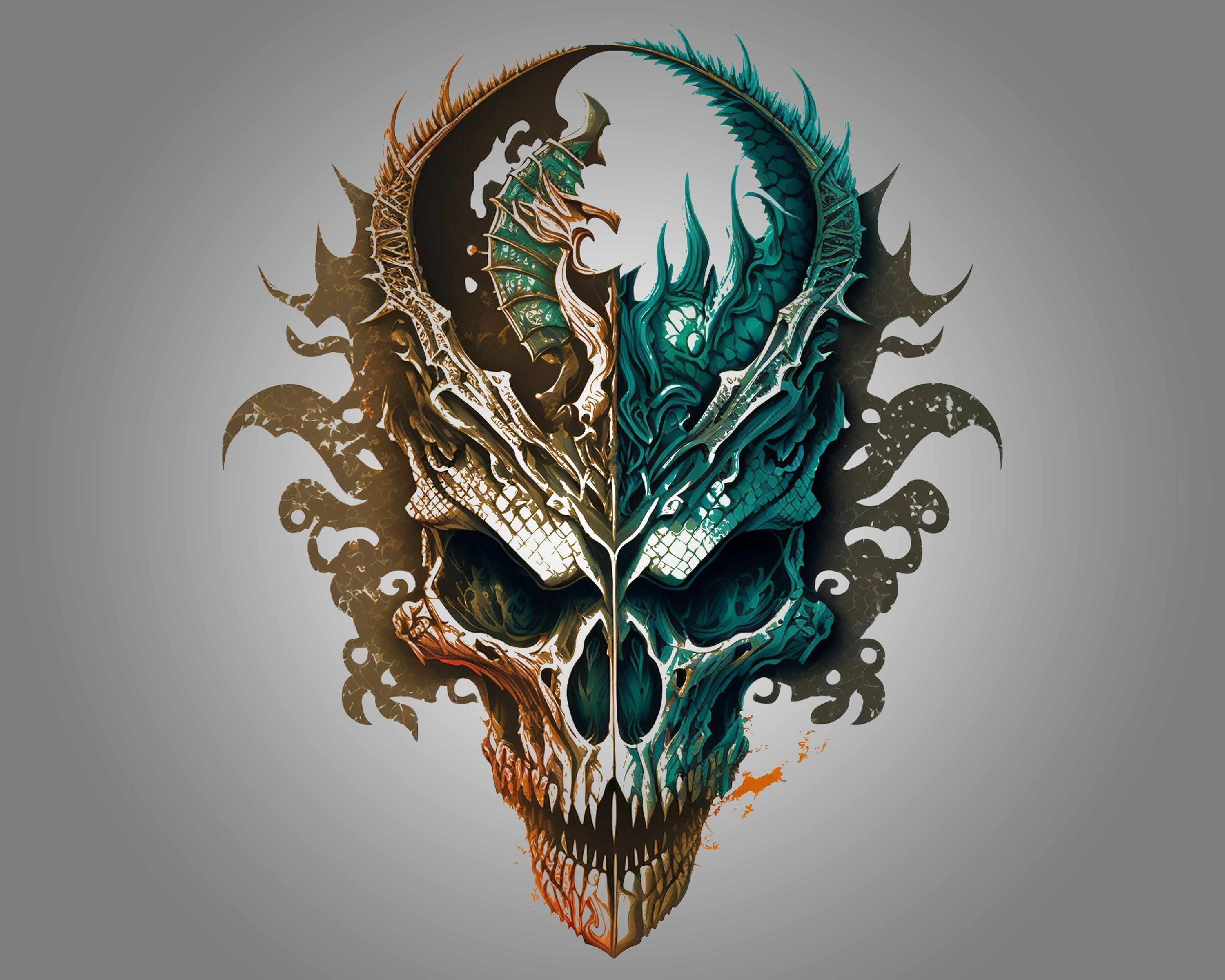 3000x2400 Dual Tone Horned Dragon Skull PNG