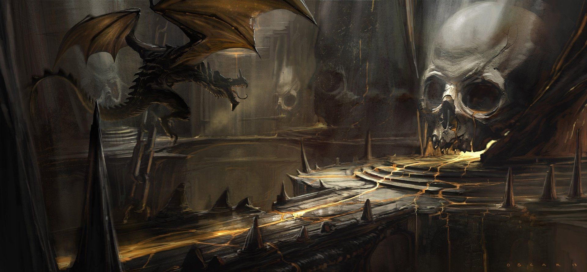 1920x890 HD Wallpaper: Fantasy Skull and Dragon