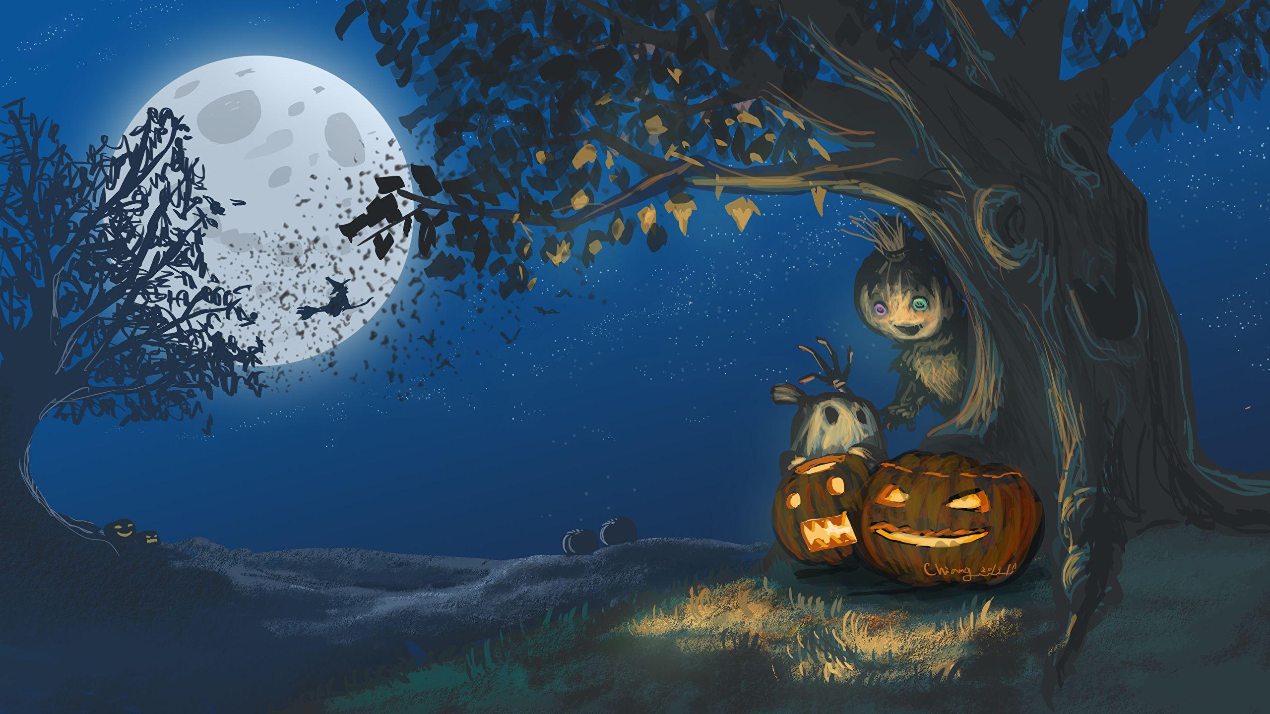 2560x1440 Image Fantasy Pumpkin Halloween Moon night time Trees 2560x1440