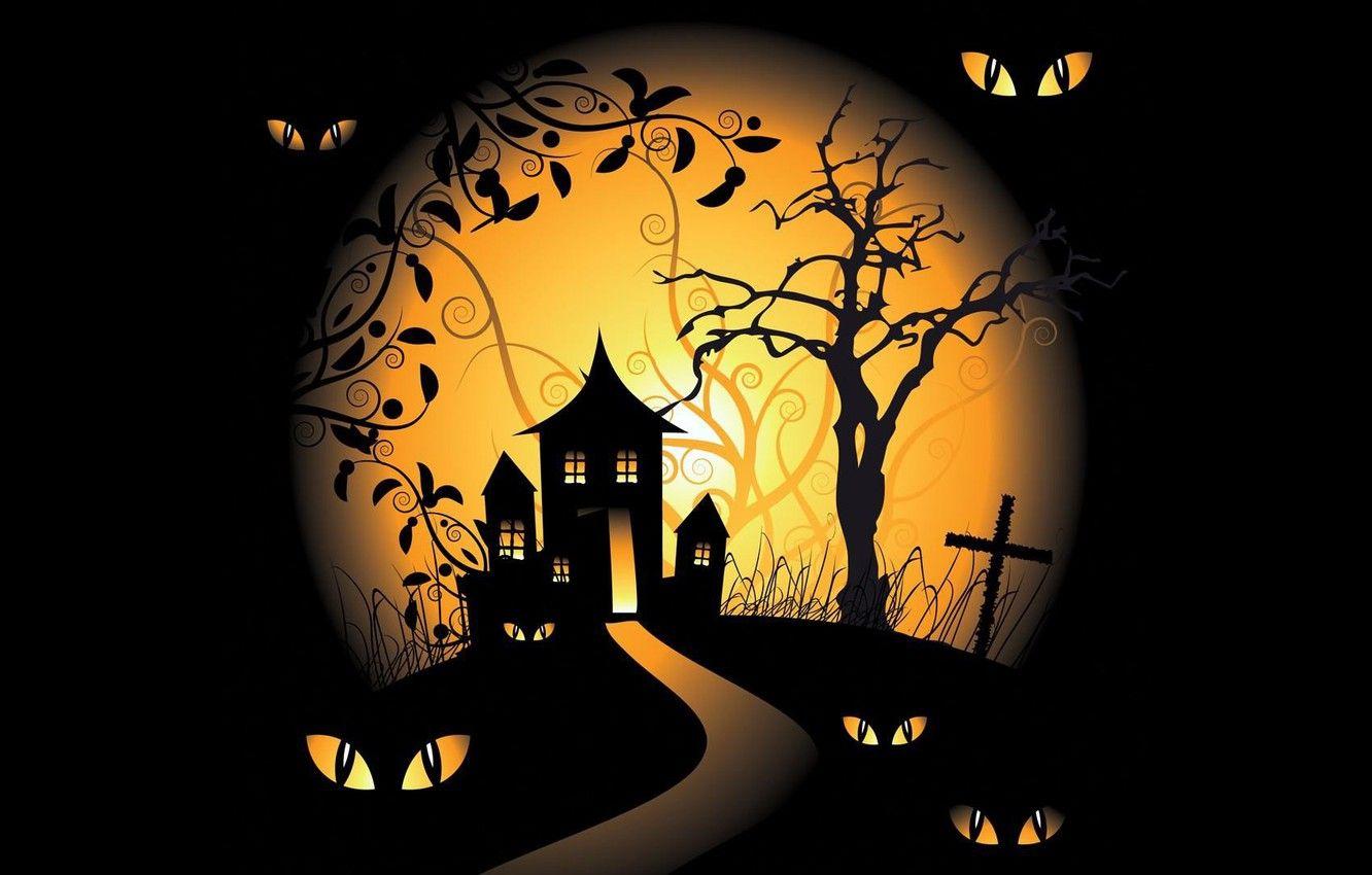 1332x850 Wallpaper vector, Halloween, moon, trees, eyes, holiday, black background, spooky, scary house, vector art, graveyards image for desktop, section праздники