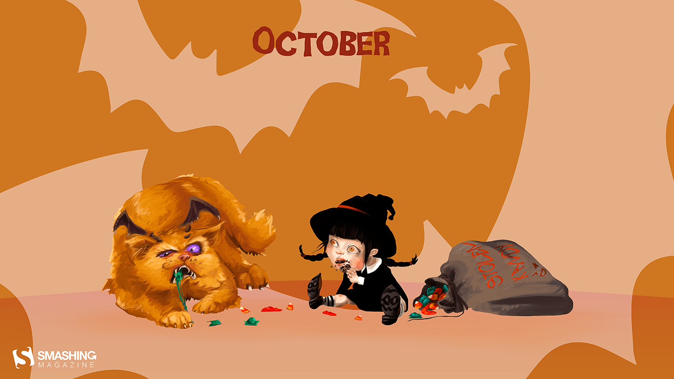 1366x768 Halloween Wallpaper, Tiny Witches and Giant Kittens